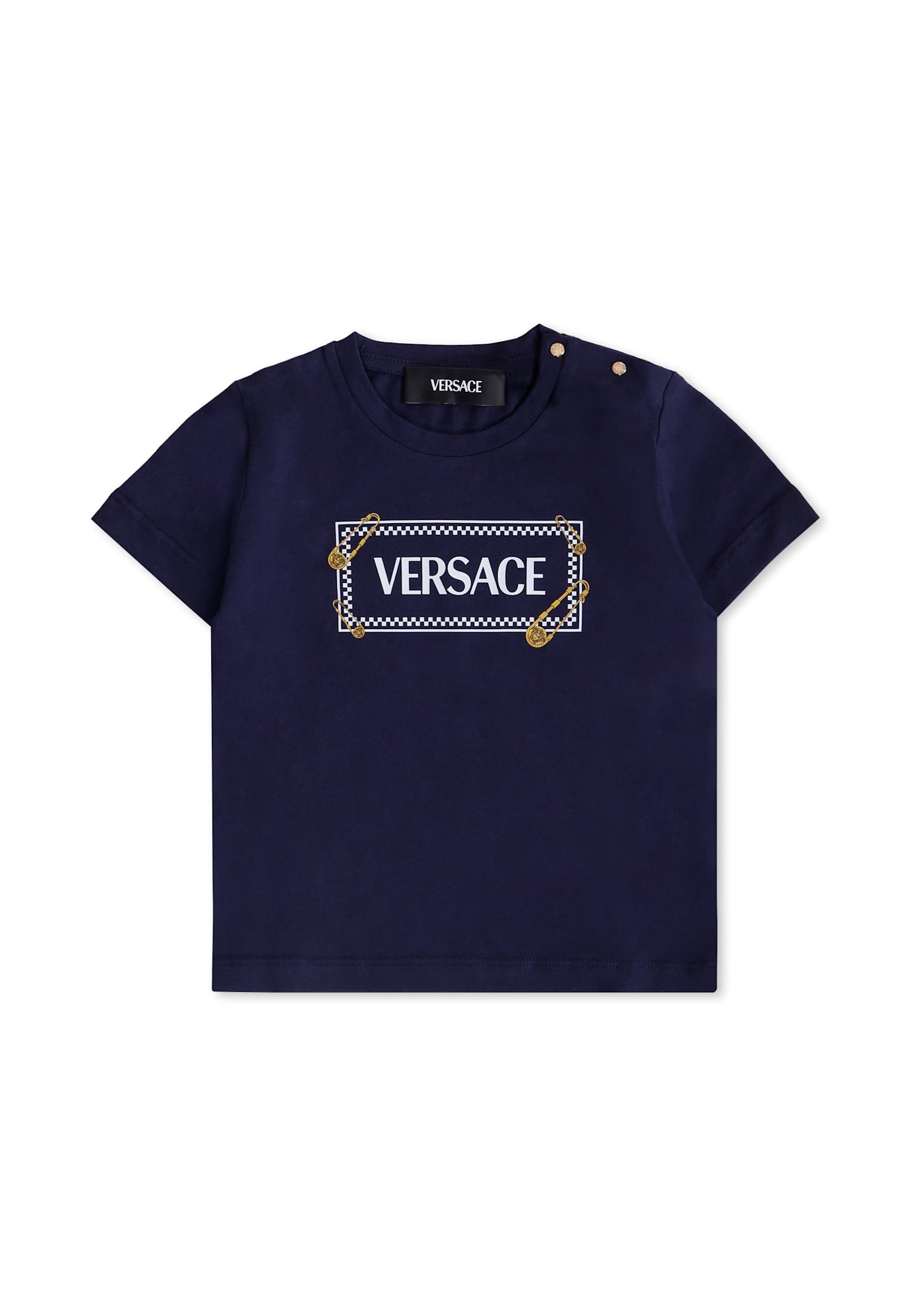 Versace Blue T-shirt With 90 Vintage Logo And Pins For Baby In Blue