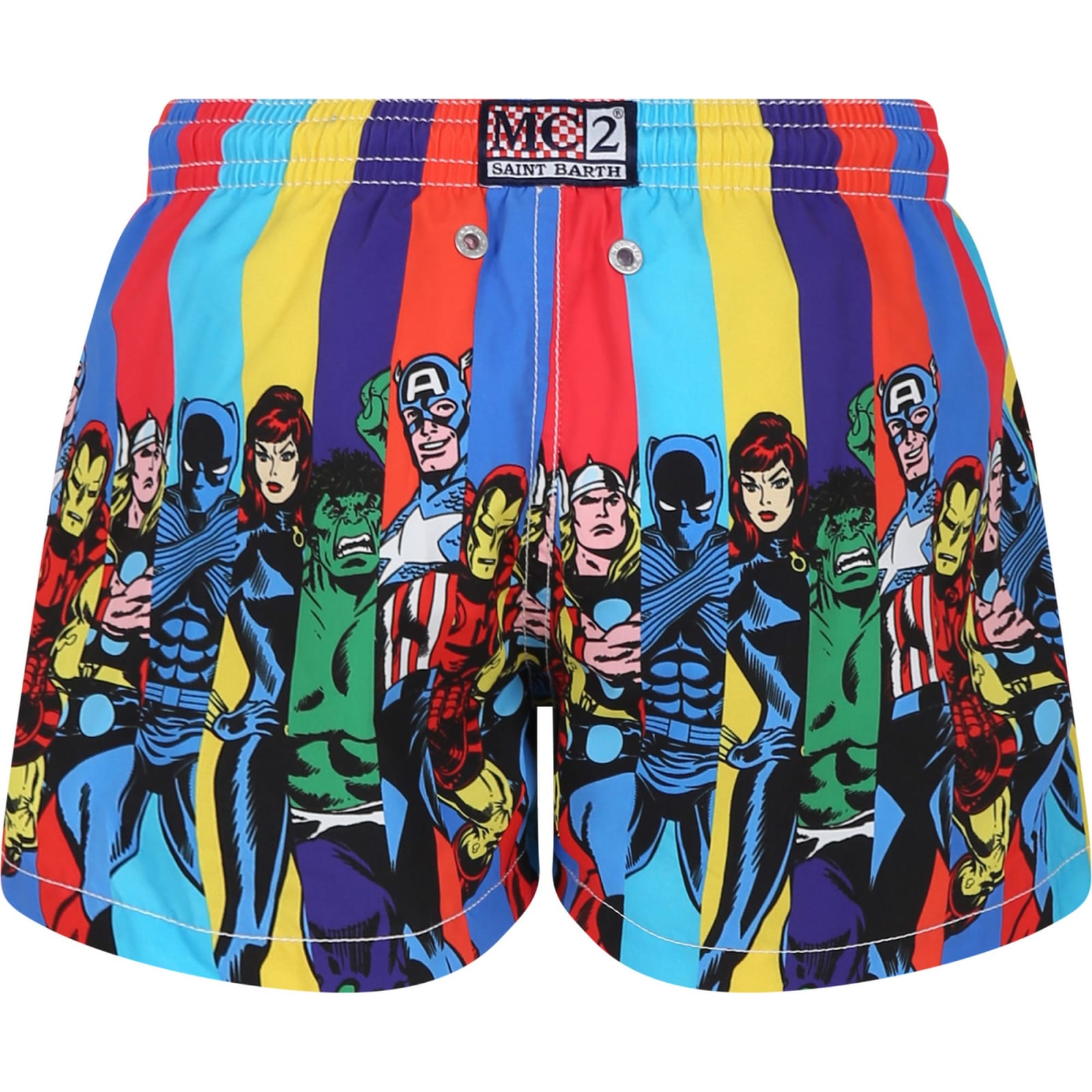 Mc2 Saint Barth Multicolor Swim Shorts For Boy With Marvel Superheroes Print And Logo In Multi