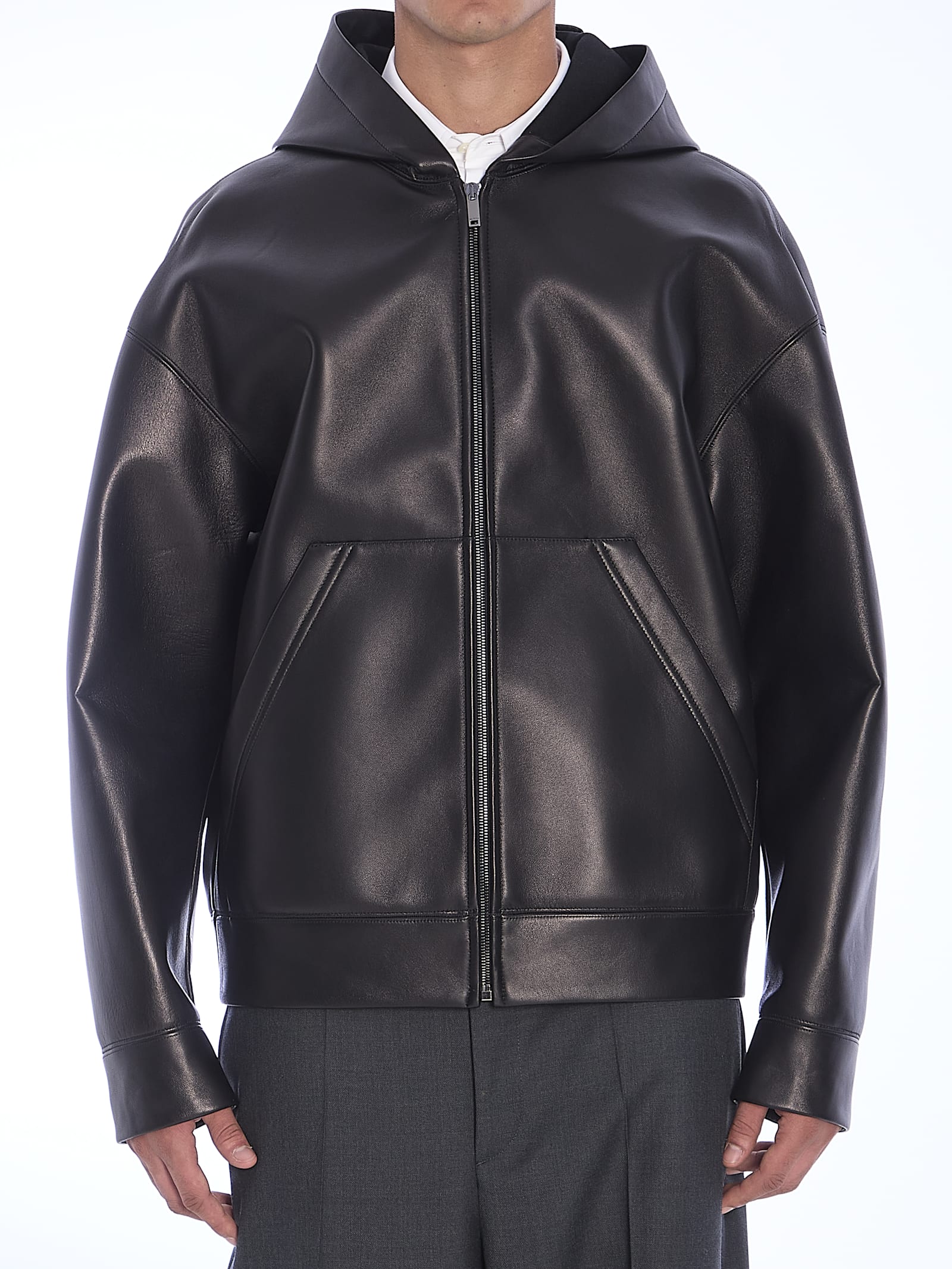 Shop Valentino Leather Hooded Jacket In Black