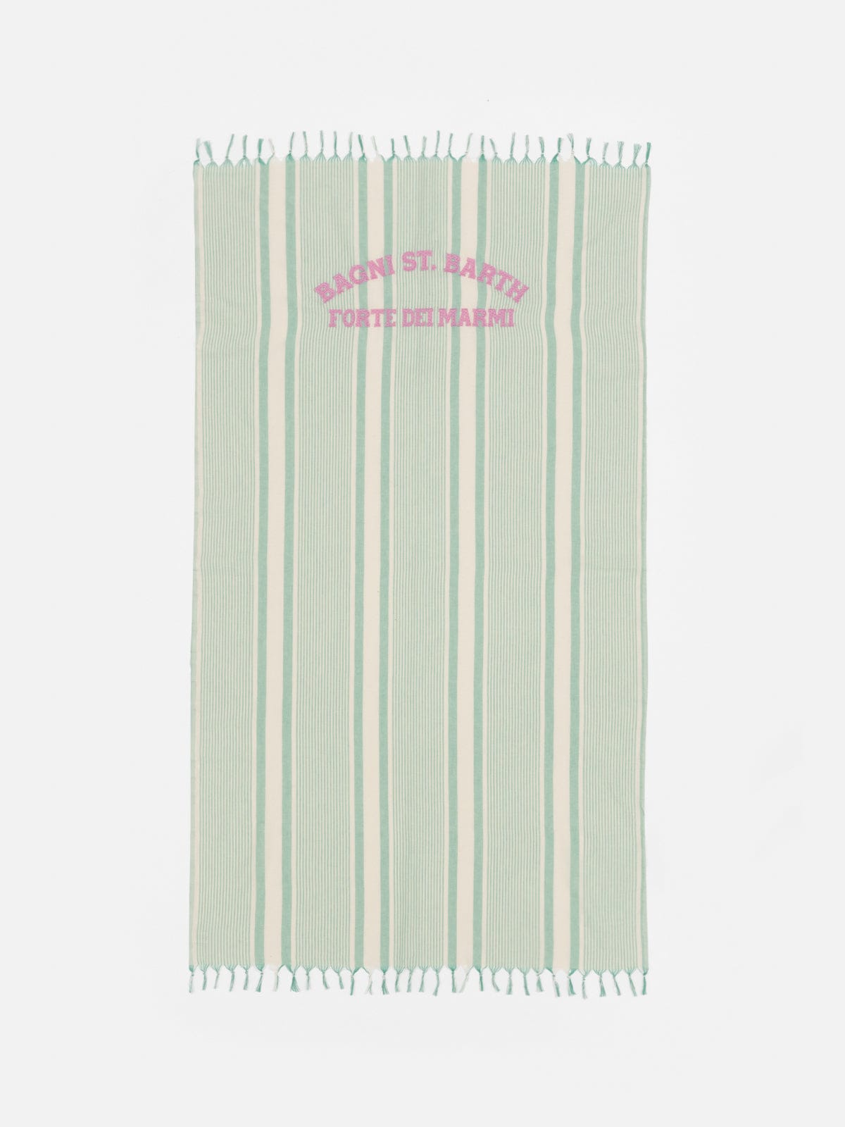 Mc2 Saint Barth Light Cotton Beach Towel Fouta With Water Green Striped Print And Embroidery In Green