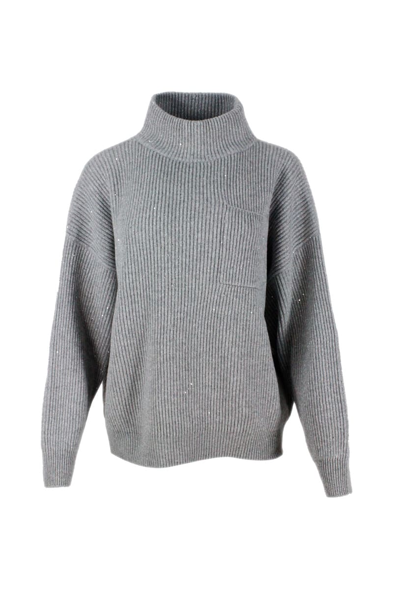 Brunello Cucinelli Mock Neck Sweater With English Rib Embellished With Lurex And Micro Sequins
