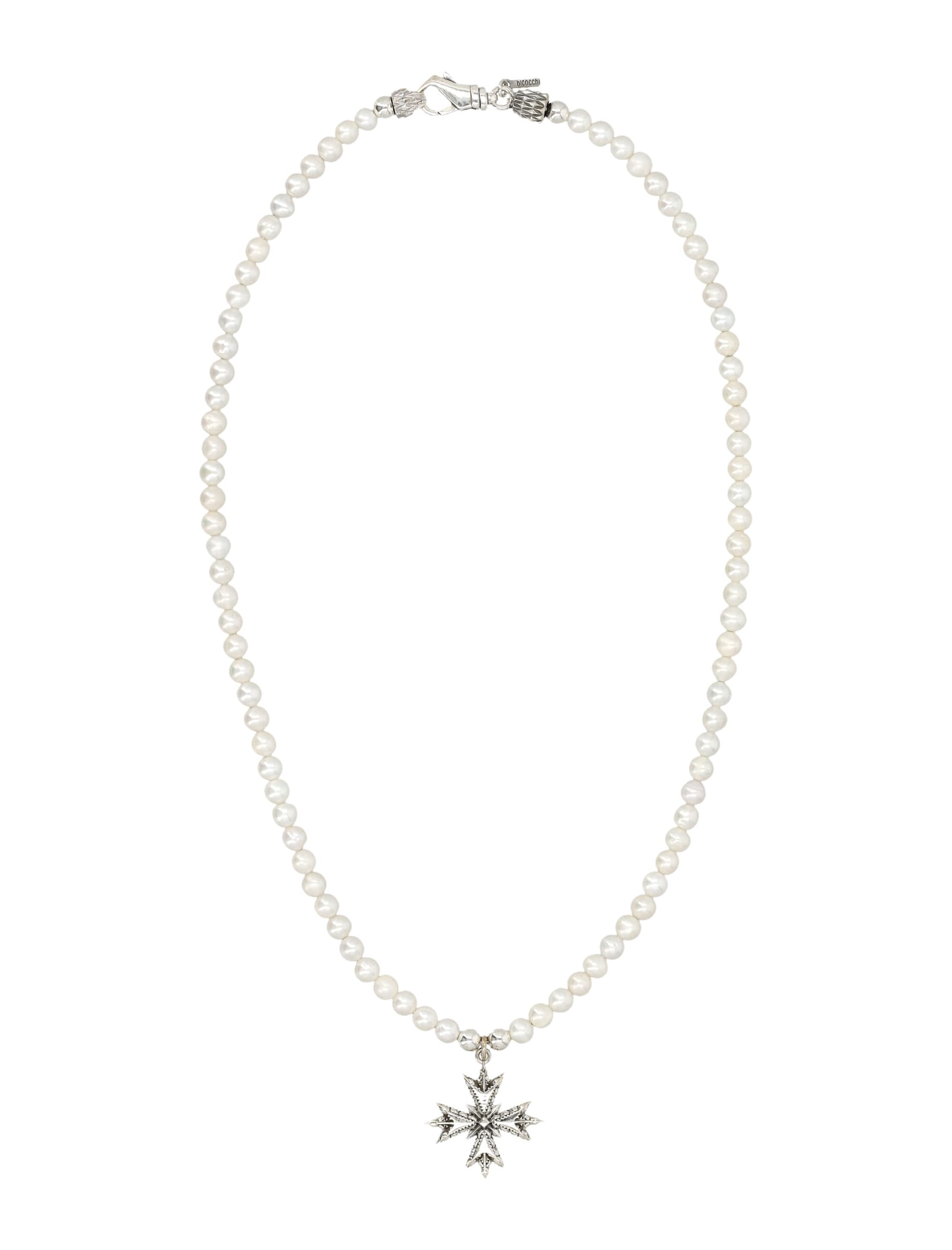 Emanuele Bicocchi Pearl Necklace With Silver Cross Pendant In Metallic