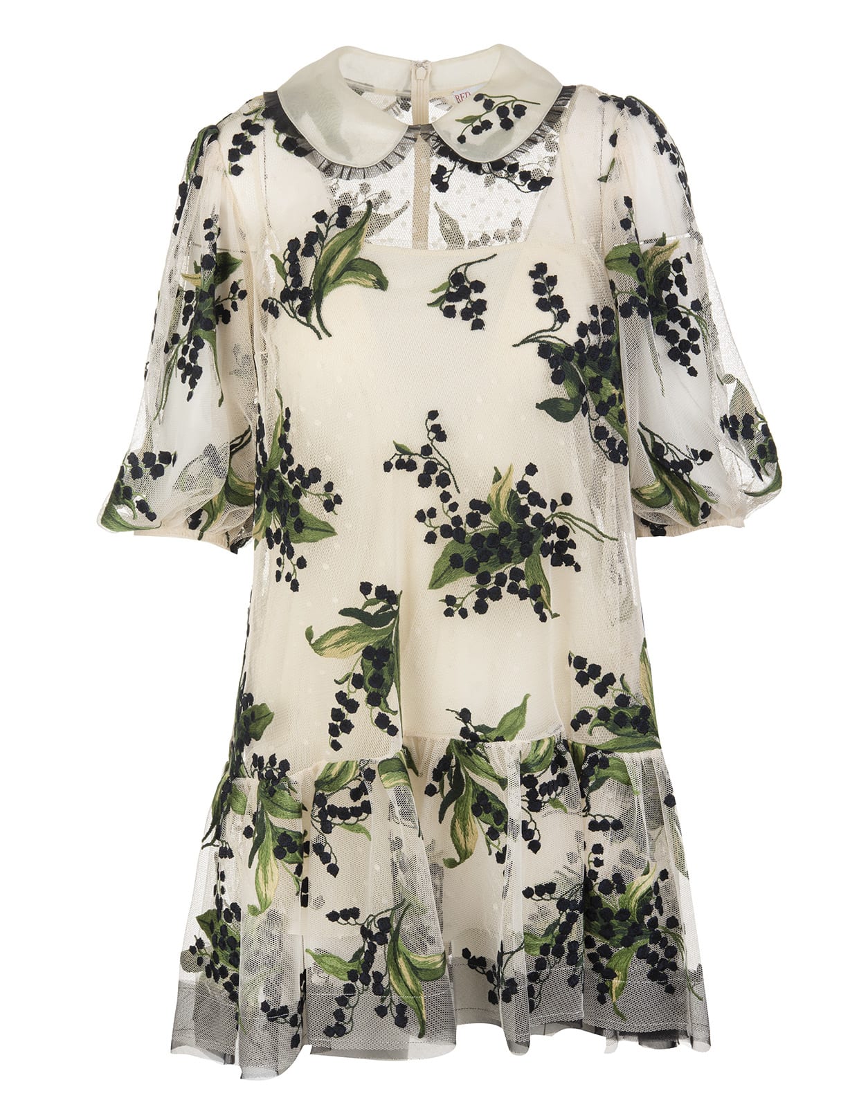 RED Valentino White/green/black Floral-embroidered Short-sleeve Dress
