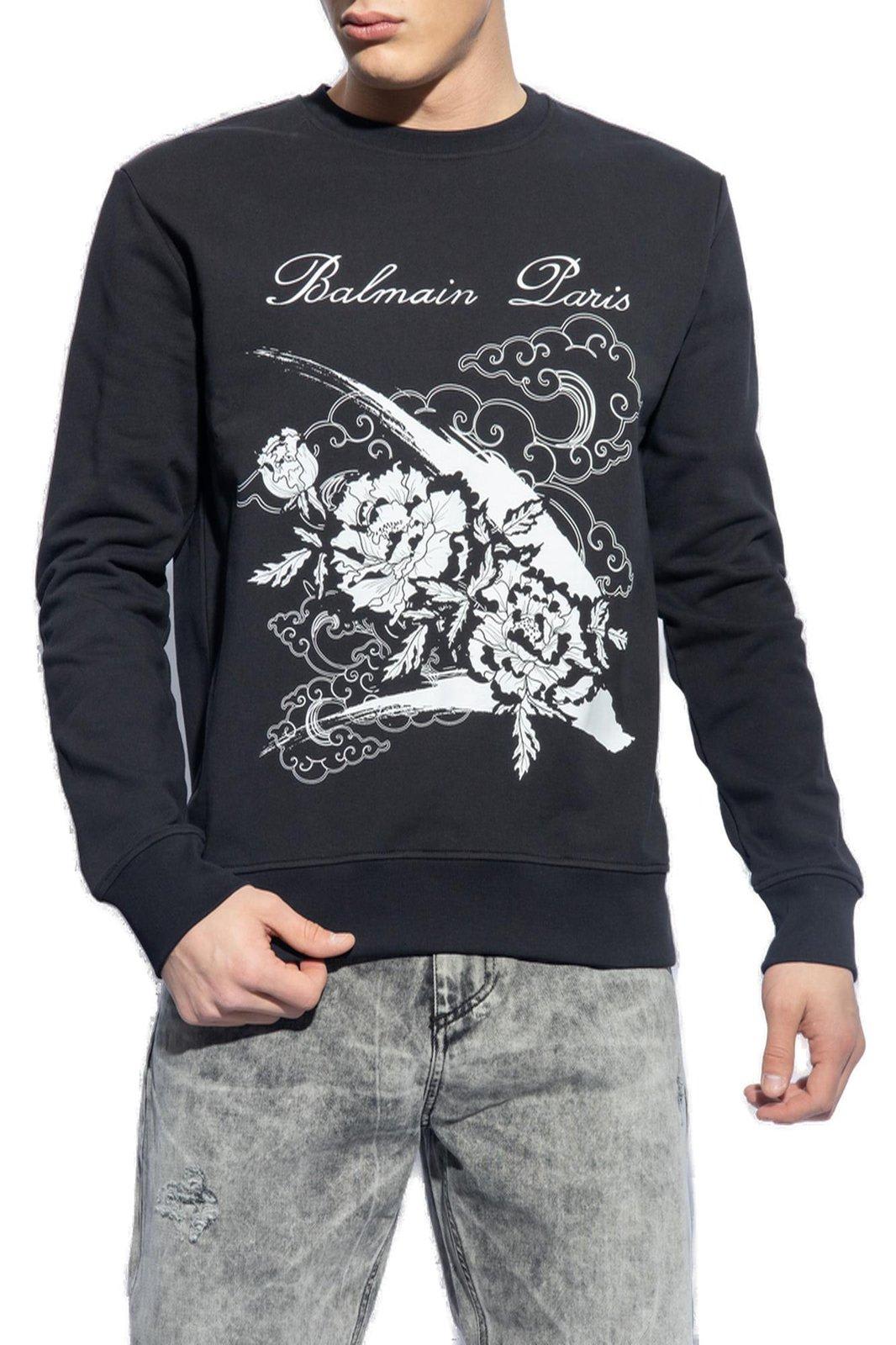 Shop Balmain Graphic Printed Crewneck Sweatshirt