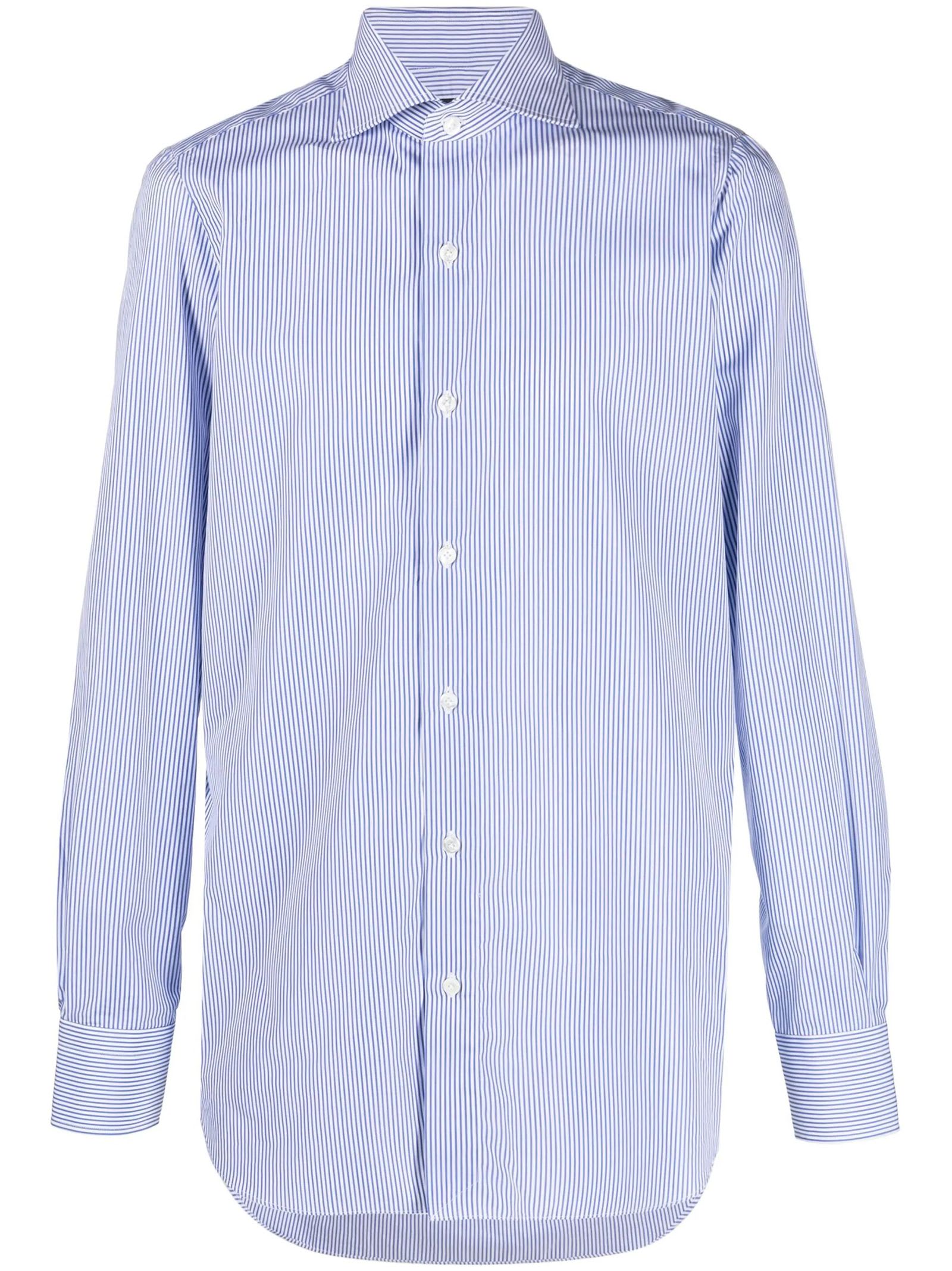 Shop Finamore Royal Blue And White Cotton Shirt