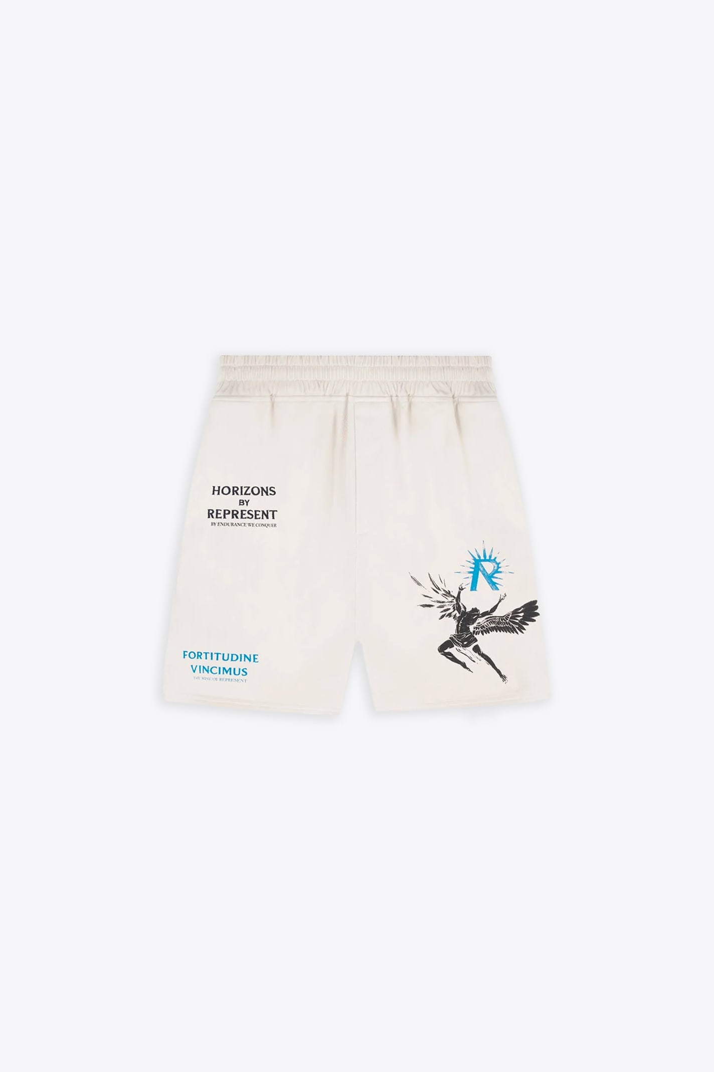 Shop Represent Icarus Short Off White Lyocell Shorts With Icarus Graphic Print And Logo - Icarus Short In Panna