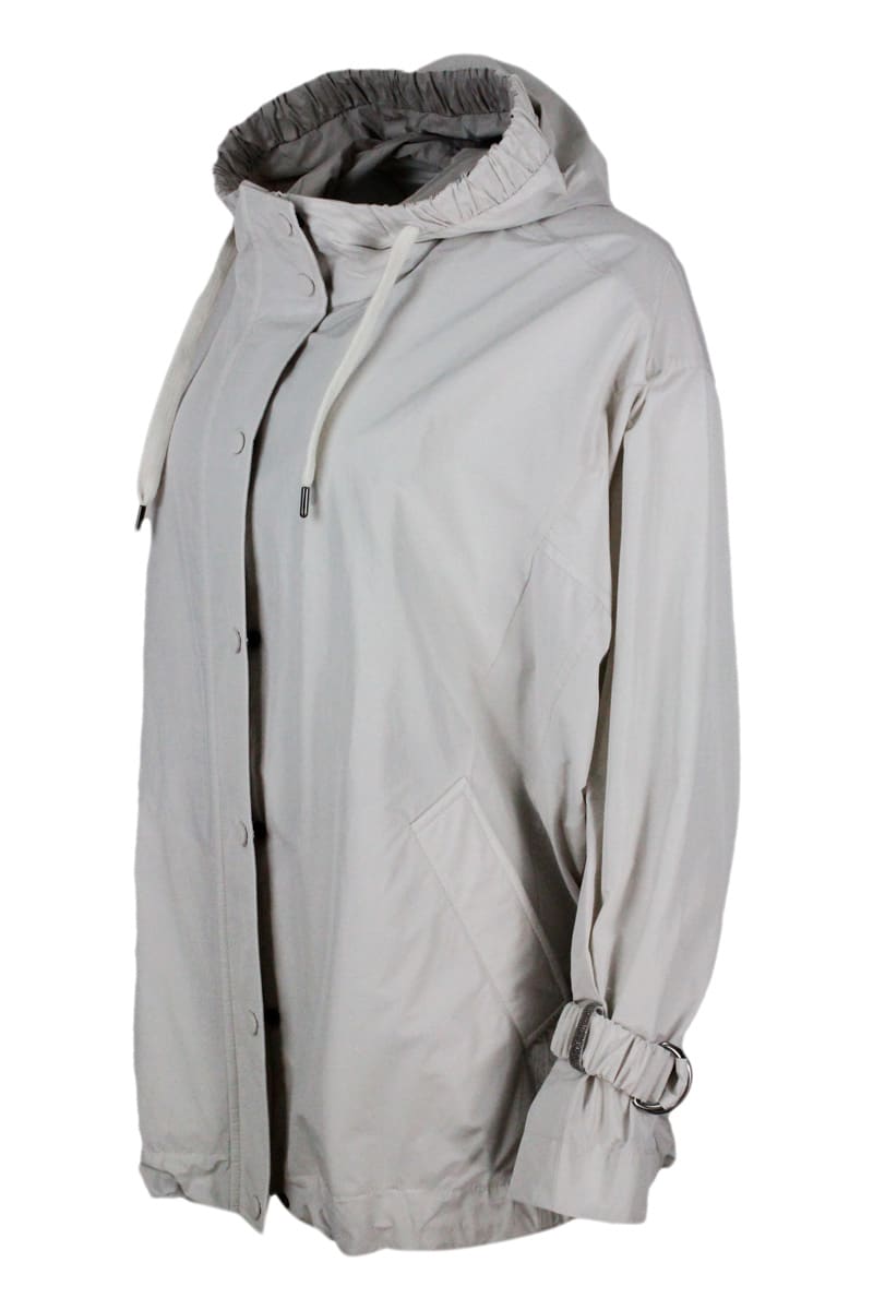 Brunello Cucinelli Water Resistant Outerware Jacket With Hood And Drawstring Hem. Curl On The Sleeve With Precious Jewe In Grey Plaster