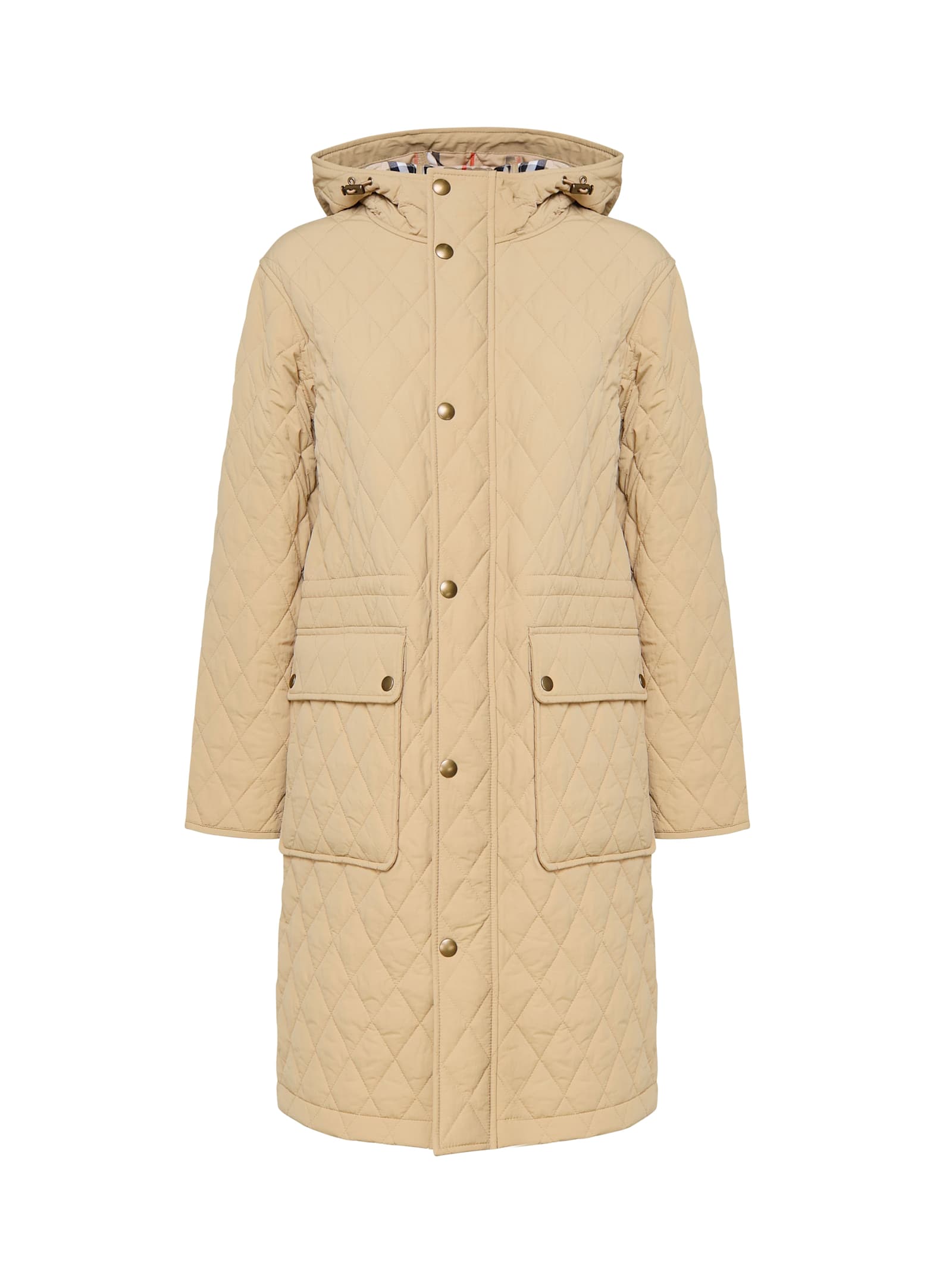 Shop Burberry Quilted Padded Long Jacket In Flax Sand Ip Check