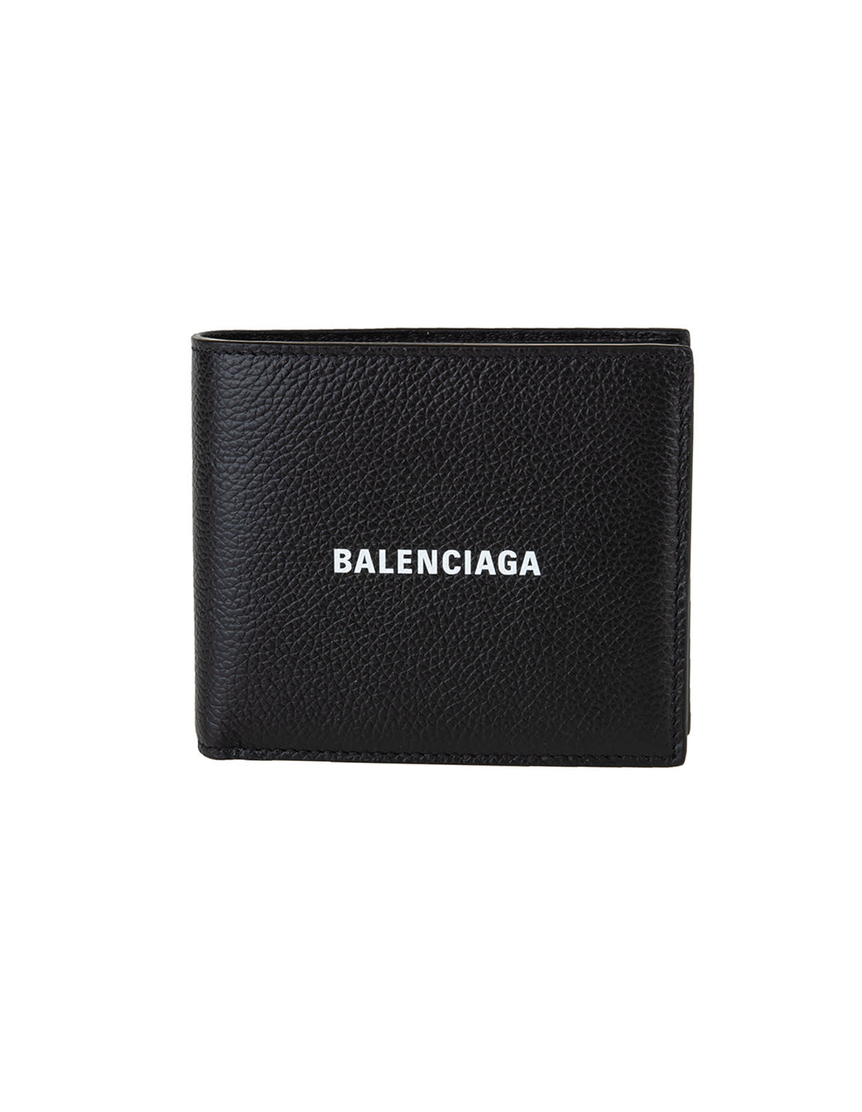 Balenciaga Man Hammered Leather Black Folding Wallet With Logo