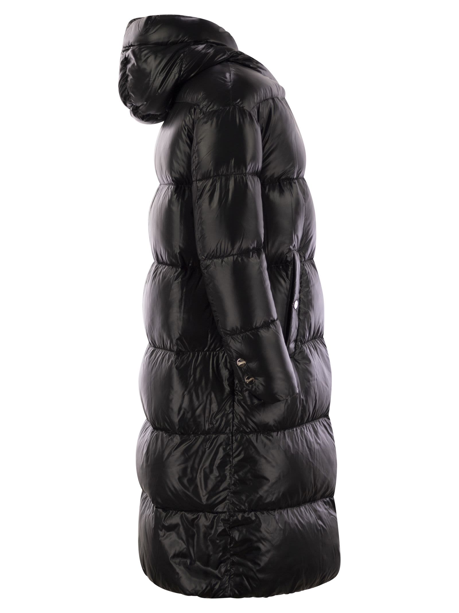 Herno Long Quilted Down Jacket With Hood And Buttons In Black