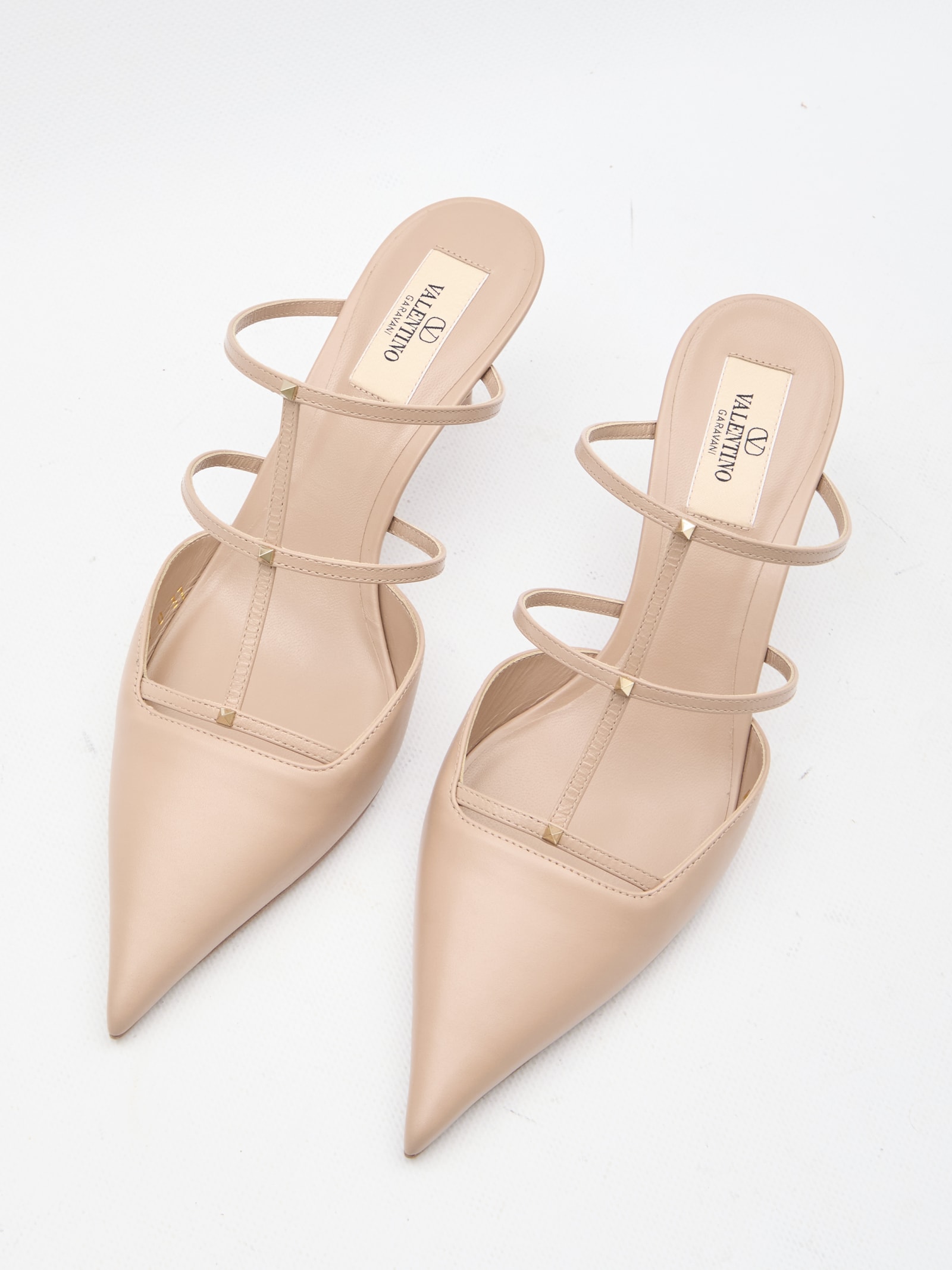 Shop Valentino Rockstud Wispy Mules In Beige