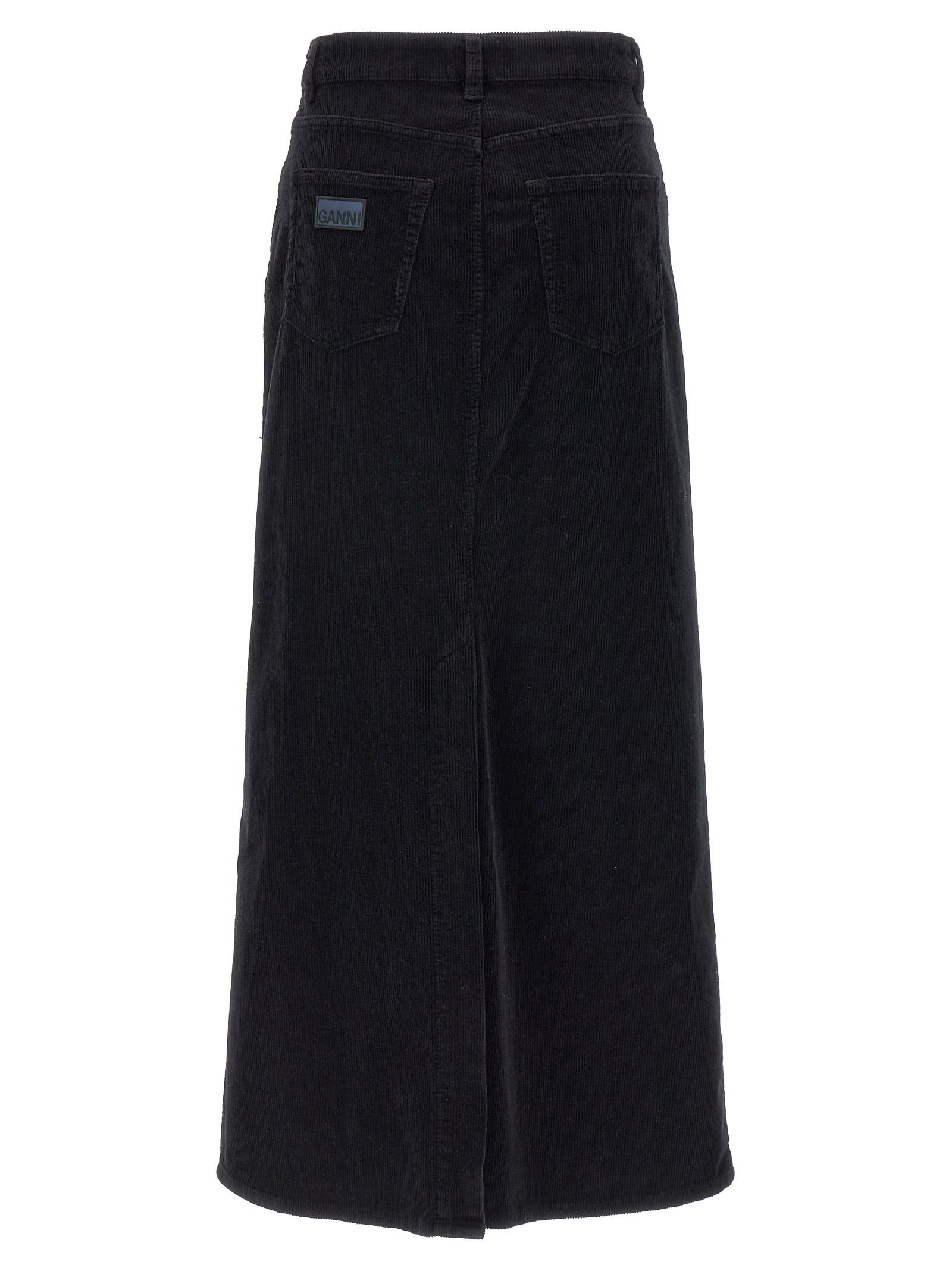 Shop Ganni Long Velvet Ribbed Skirt In Black