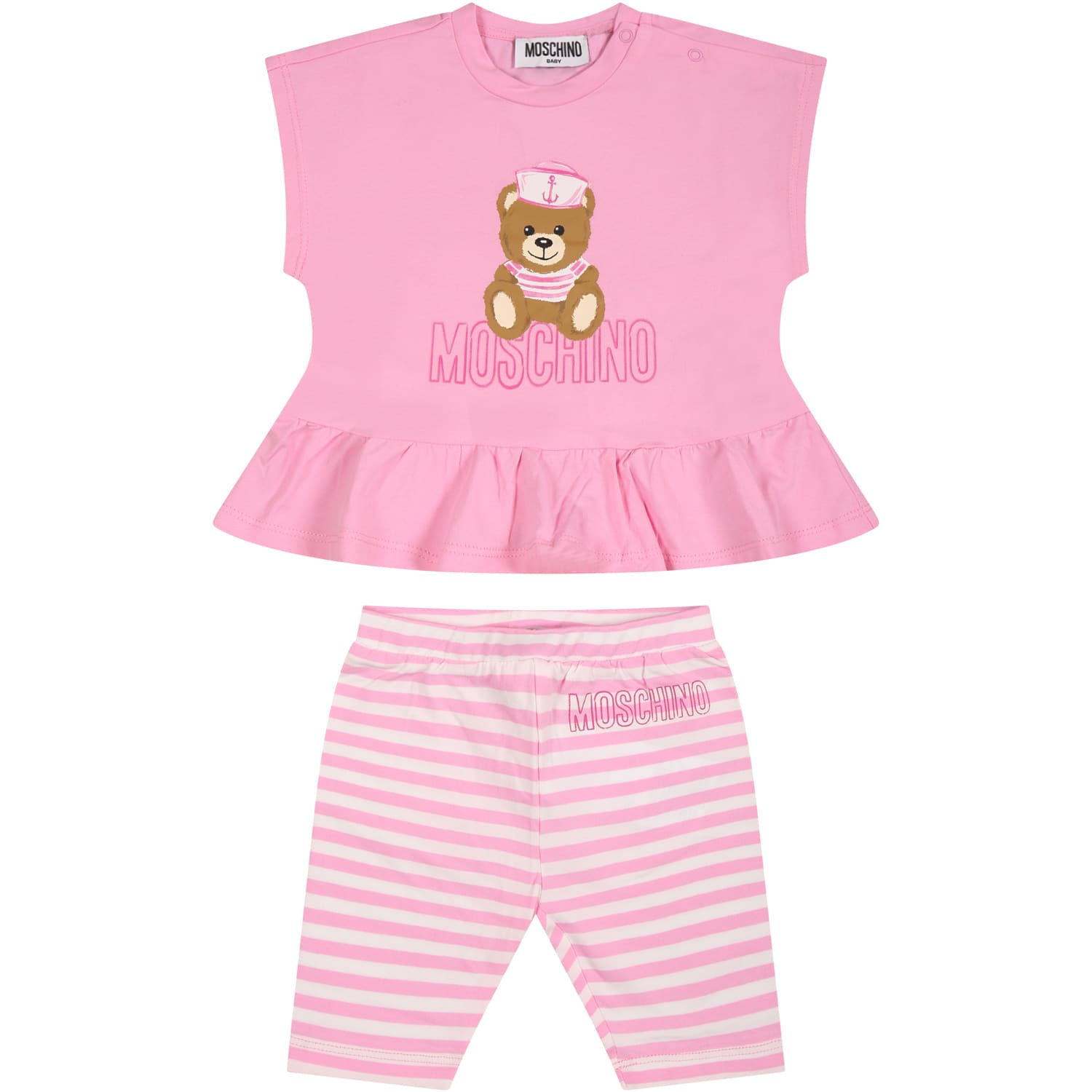 Moschino Pink Suit For Baby Girl With Teddy Bear And Logo
