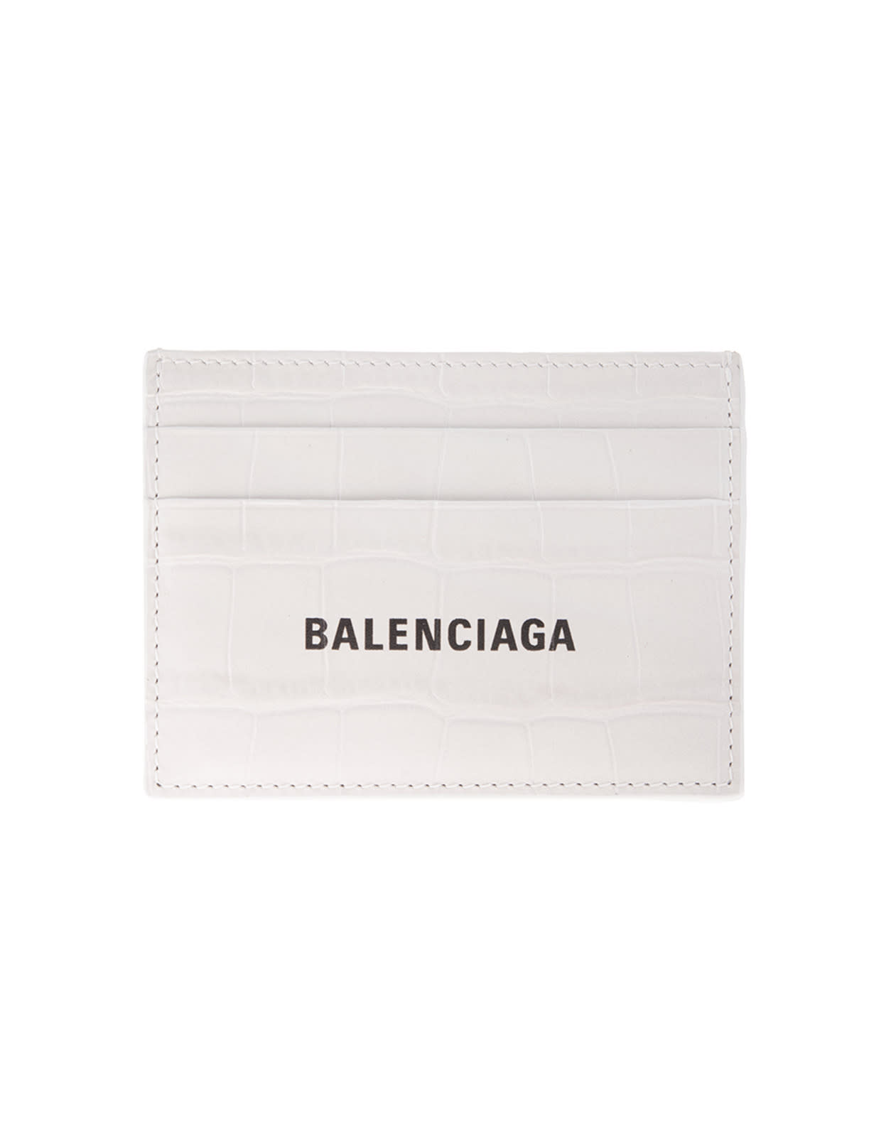 Balenciaga Man Crocodile Embossed White Leather Card Holder With Contrast Logo