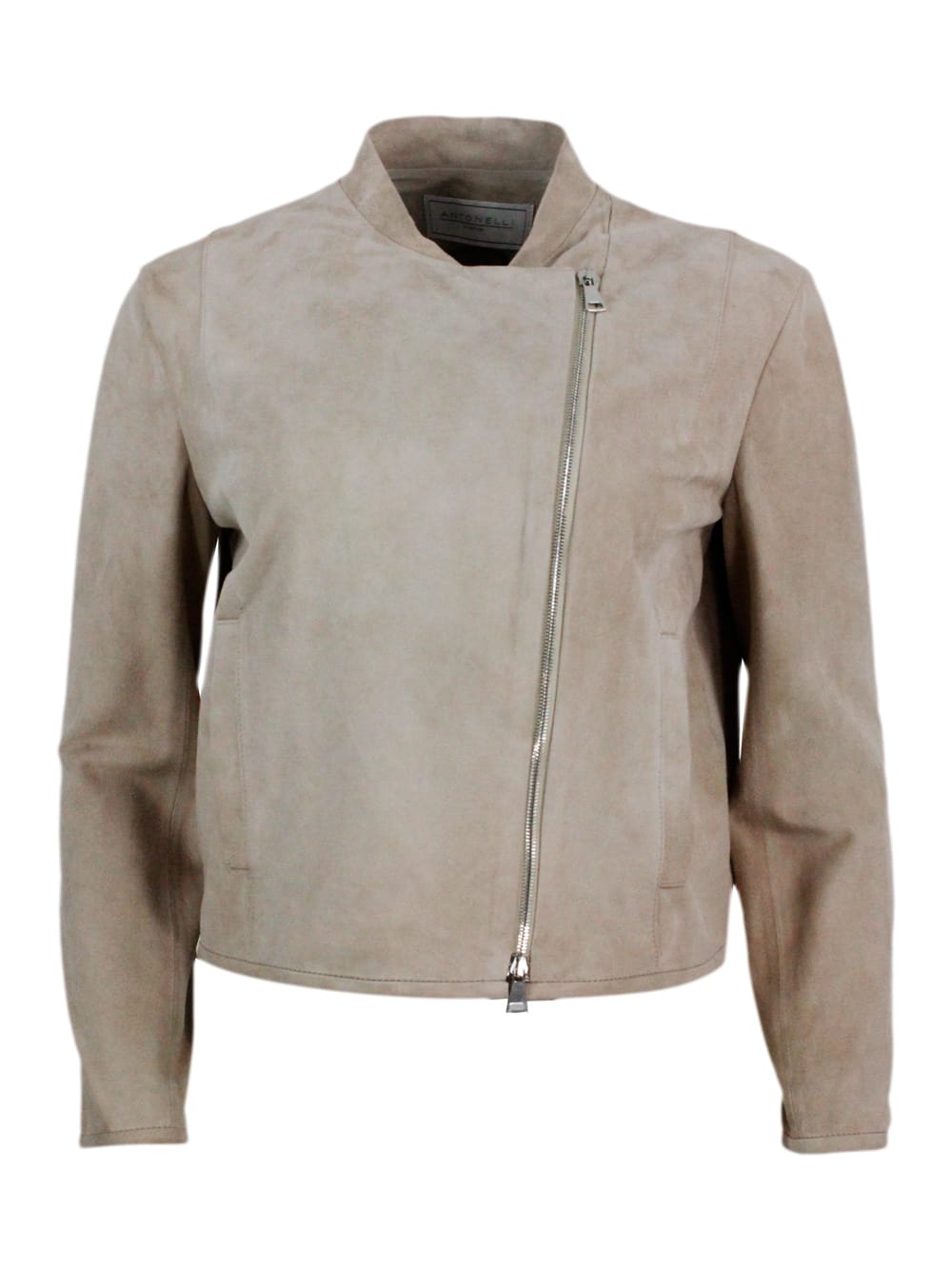 Biker Jacket Made Of Soft Suede. Side Zip Closure And Pockets On The Front
