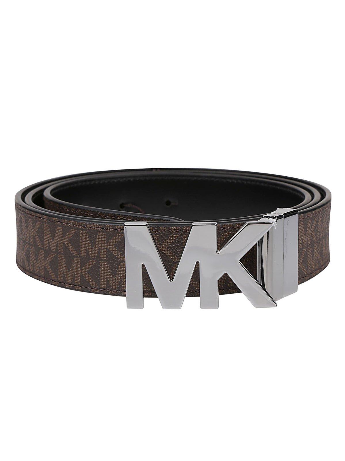 Shop Michael Kors Logo Plaque Reversible Buckle Belt In Brown Black