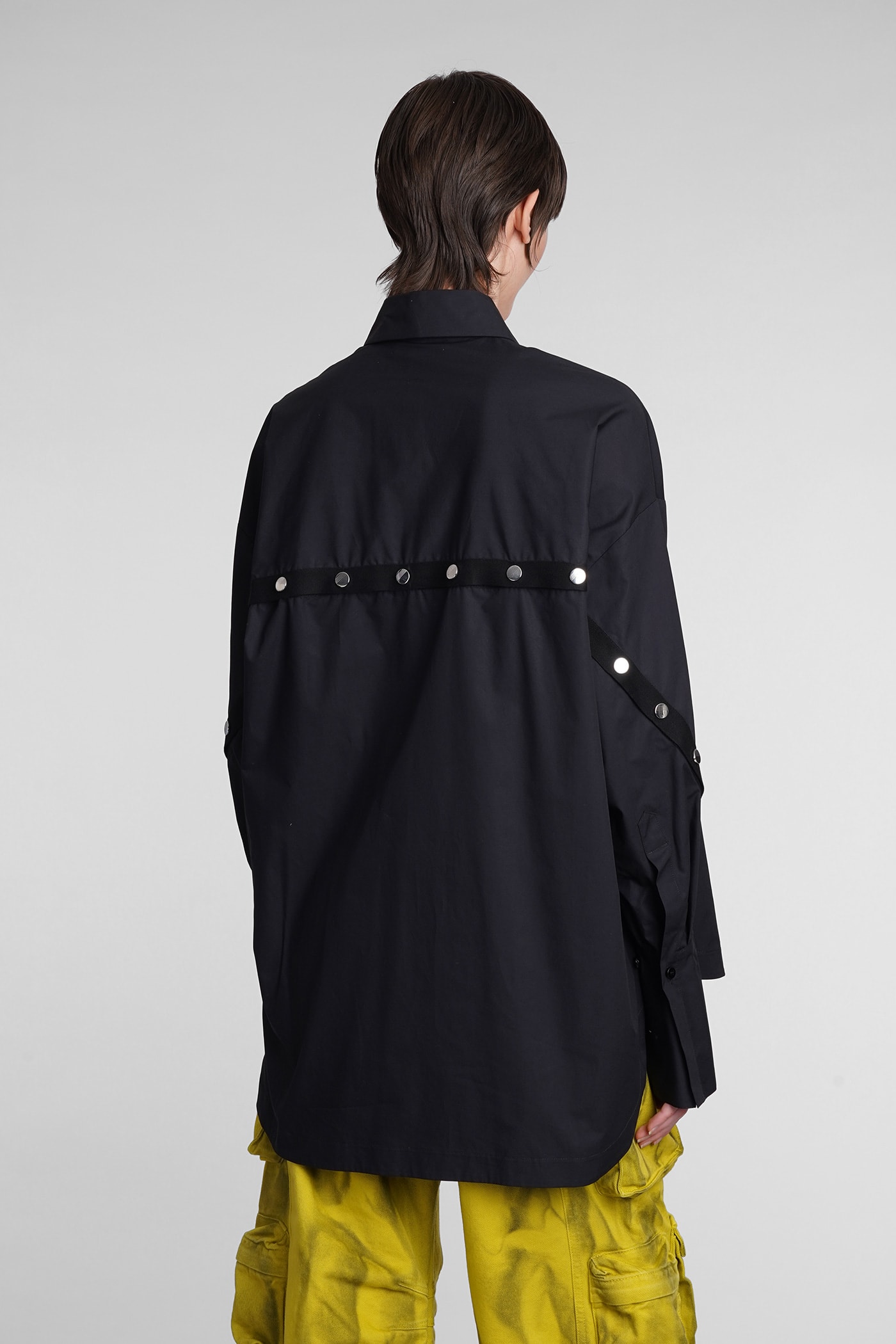 Attico Black Oversized Asymmetric Shirt With Studs In Cotton In Black