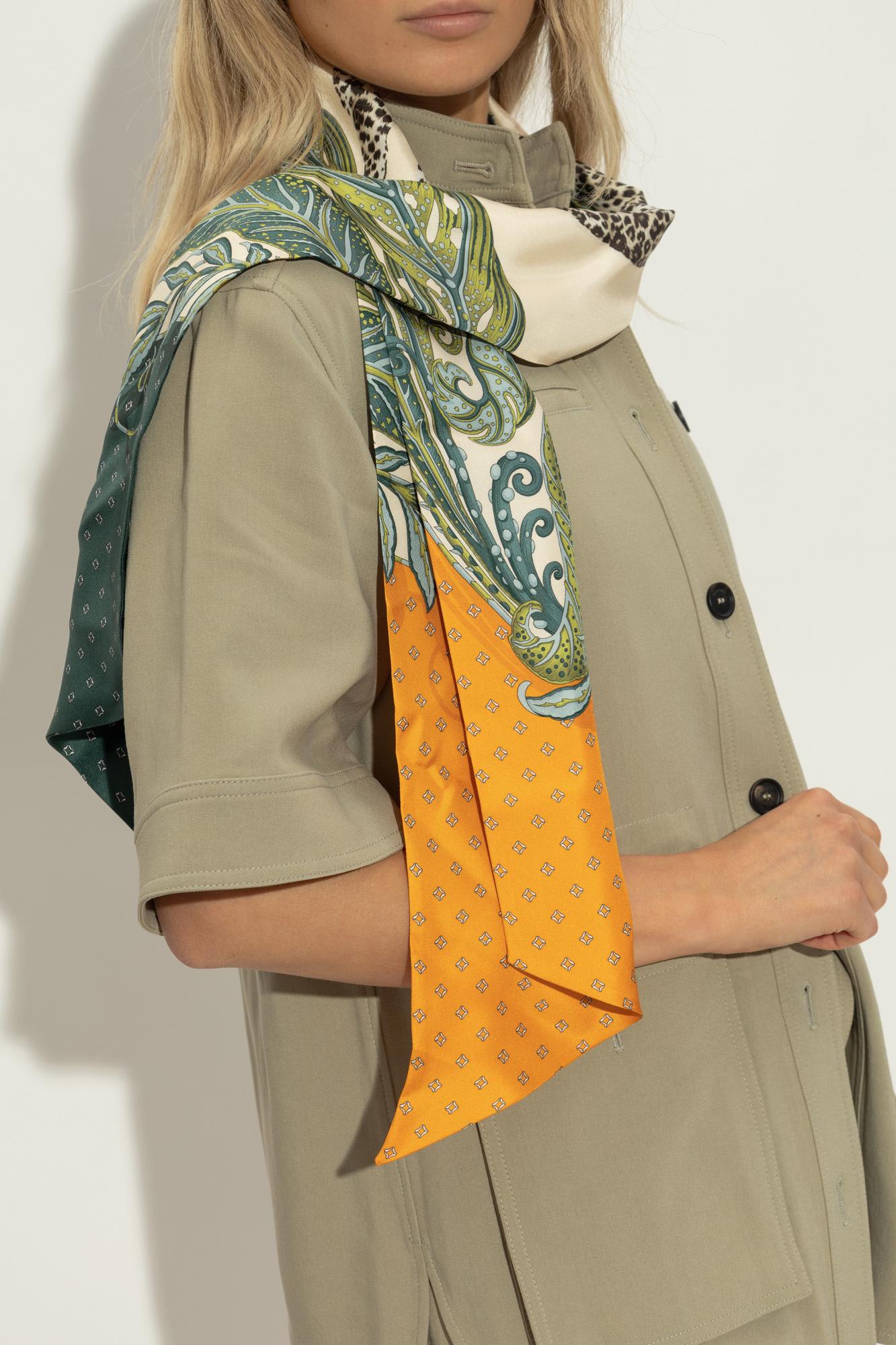 Ferragamo Leaf And Leopard Print Silk Scarf In Green