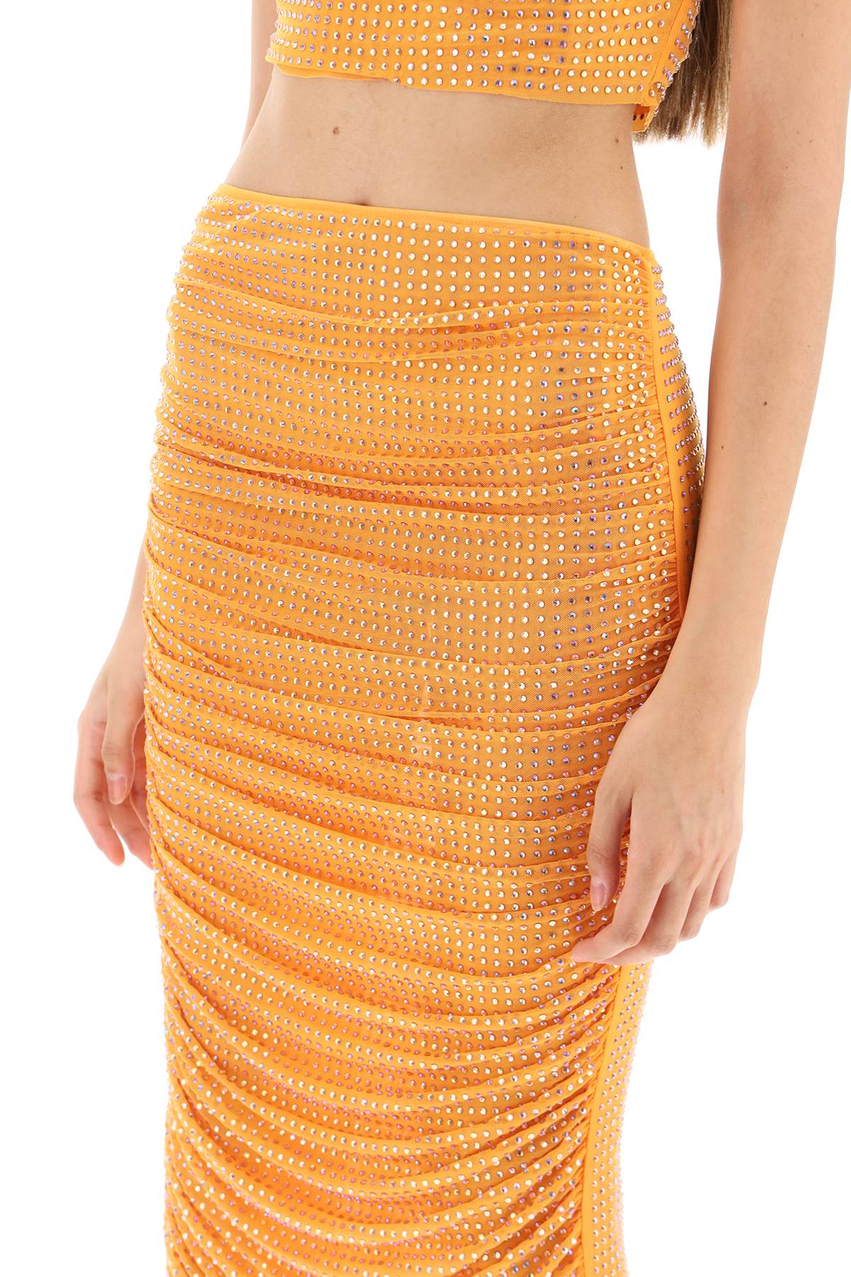 Shop Self-portrait Draped Pencil Skirt With Rhinestones In Orange (orange)
