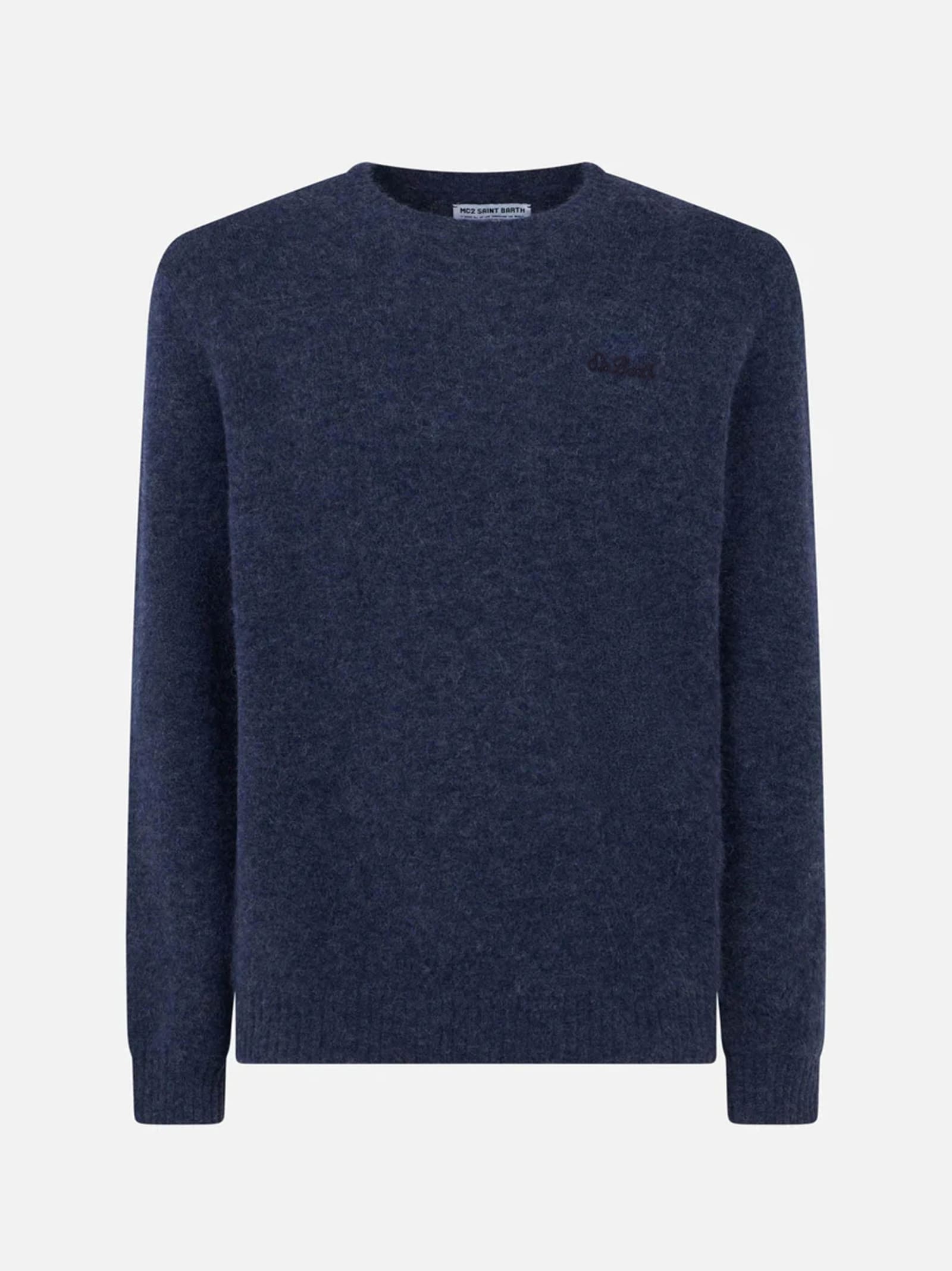 Mc2 Saint Barth Man Navy Blue Stretch Wool Sweater With St. Barth Embroidery In Blue