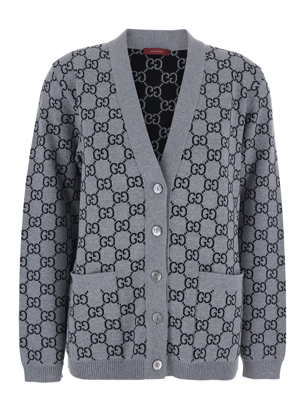 Gucci Women Grey V-neck Cardigan With All-over Gg Motif In Wool Woman In Gray