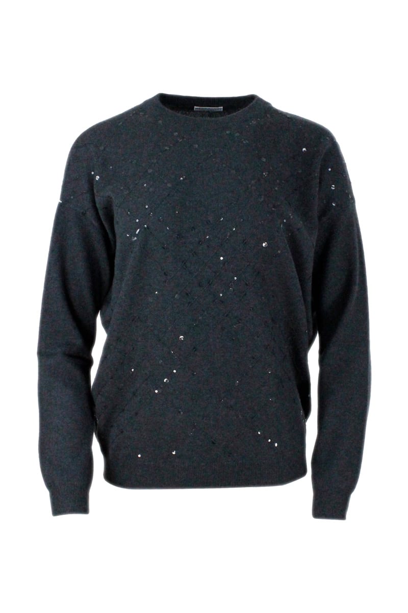 Brunello Cucinelli Oversized Crewneck Sweater In Cashmere With Window Embroidery With Applied Sequins