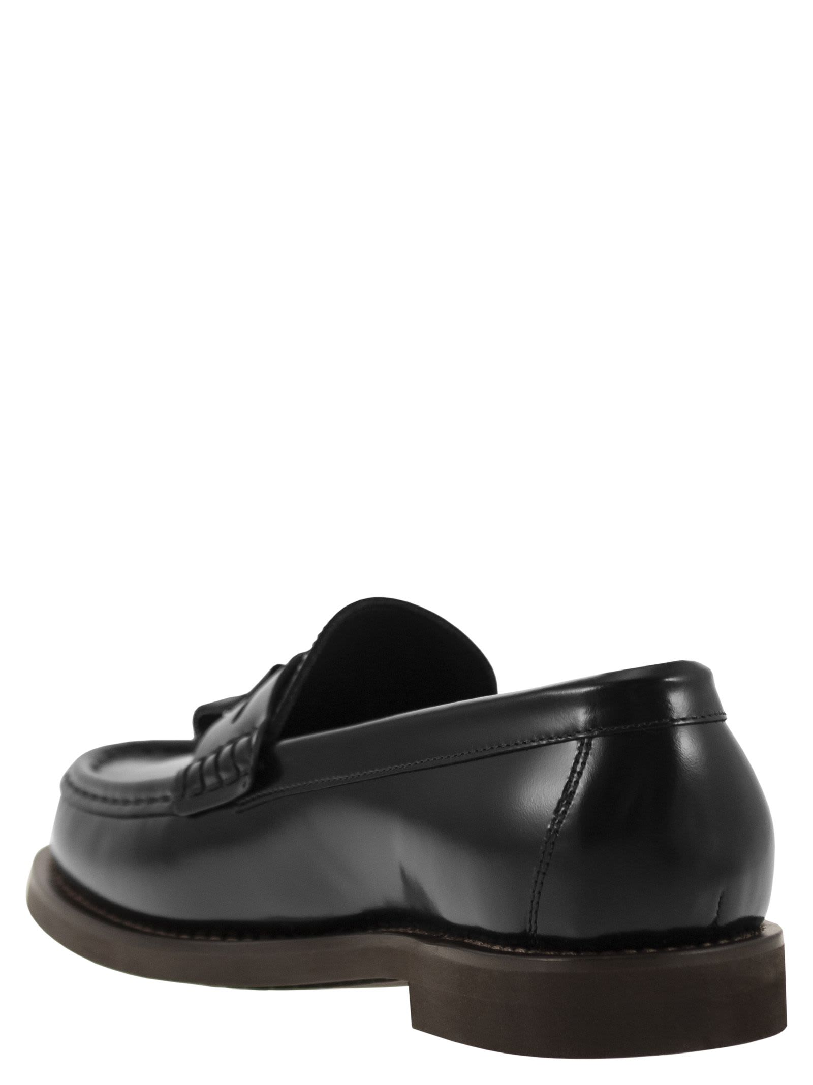 Shop Brunello Cucinelli Minimal Calfskin Moccasin With Shiny Tassels In Black