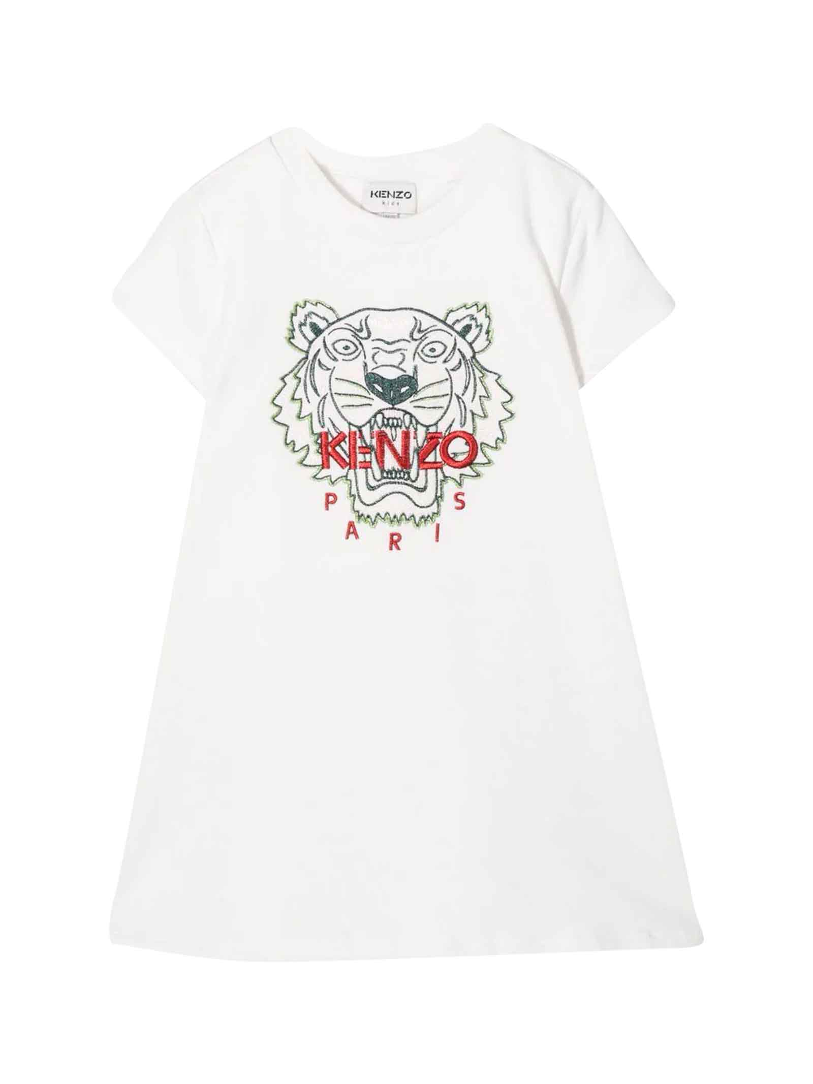 Kenzo Kids White Girl Dress With Tiger Head Embroidery Jersey Sweatshirt, Crew Neck, Short Sleeves And Straight Hem By