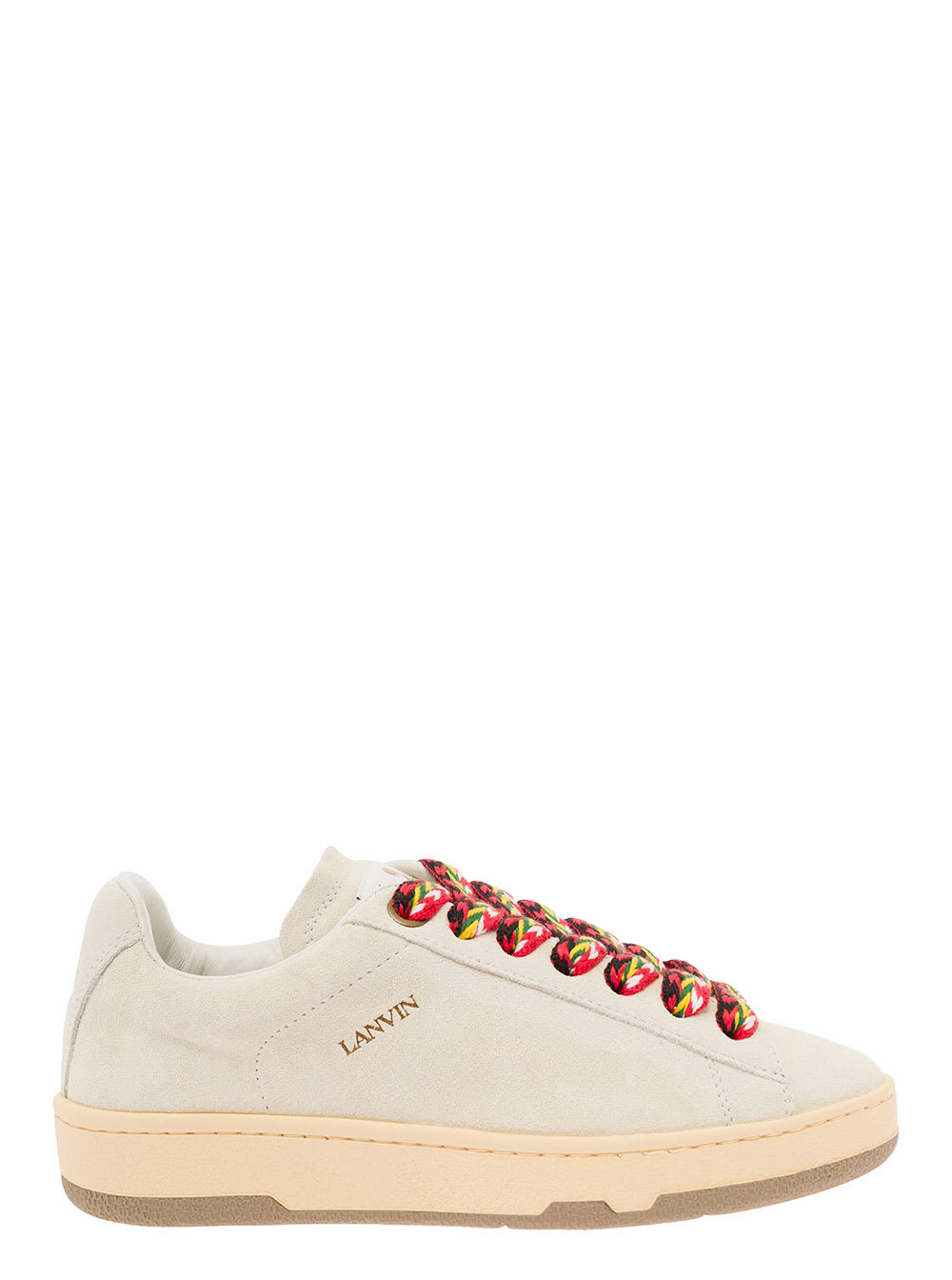 Lanvin Lite Curb White Low Top Sneakers With Oversized Multicolor Laces In Leather Woman