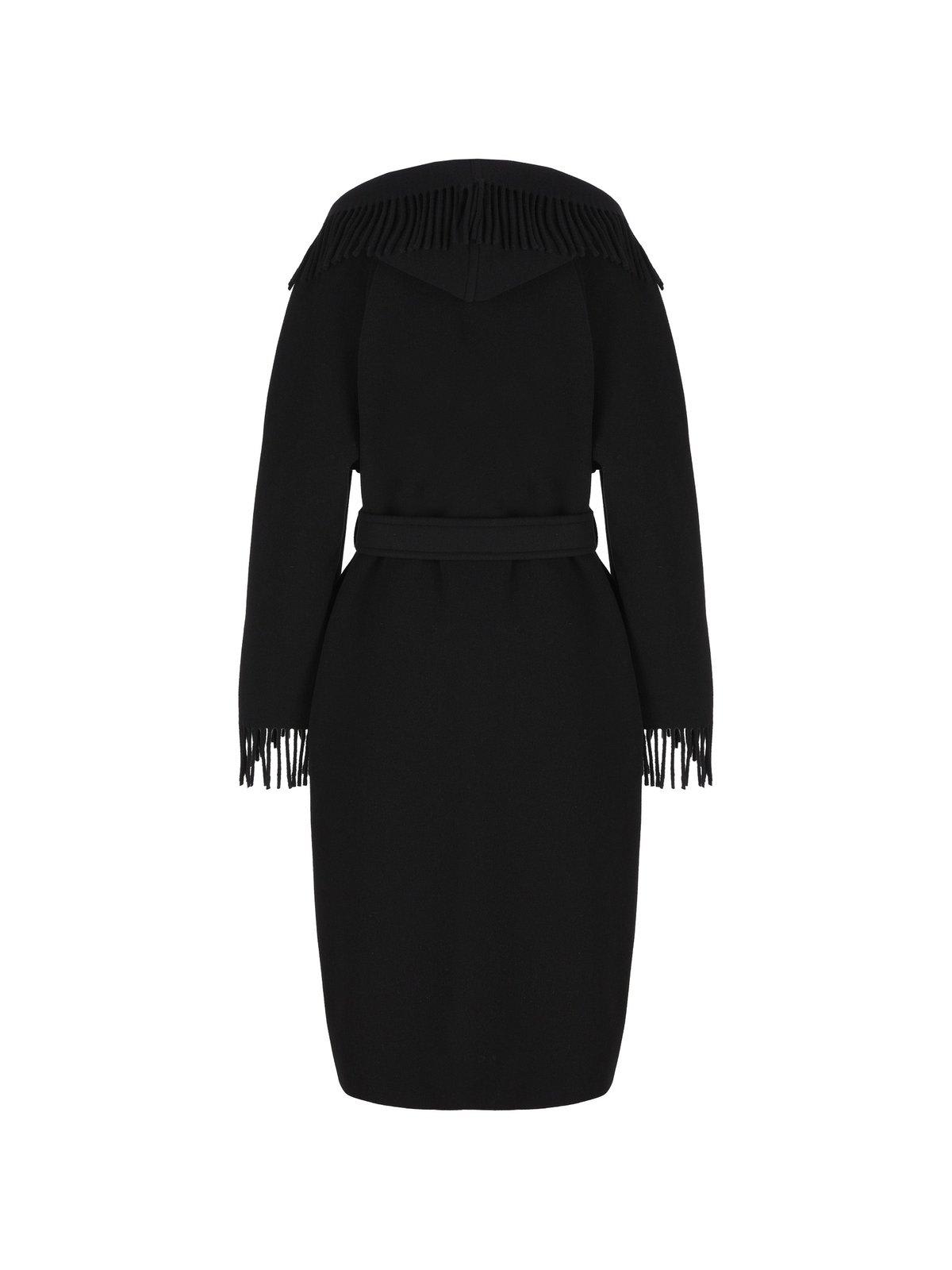 Shop Balenciaga Belted Fringed Coat In Black