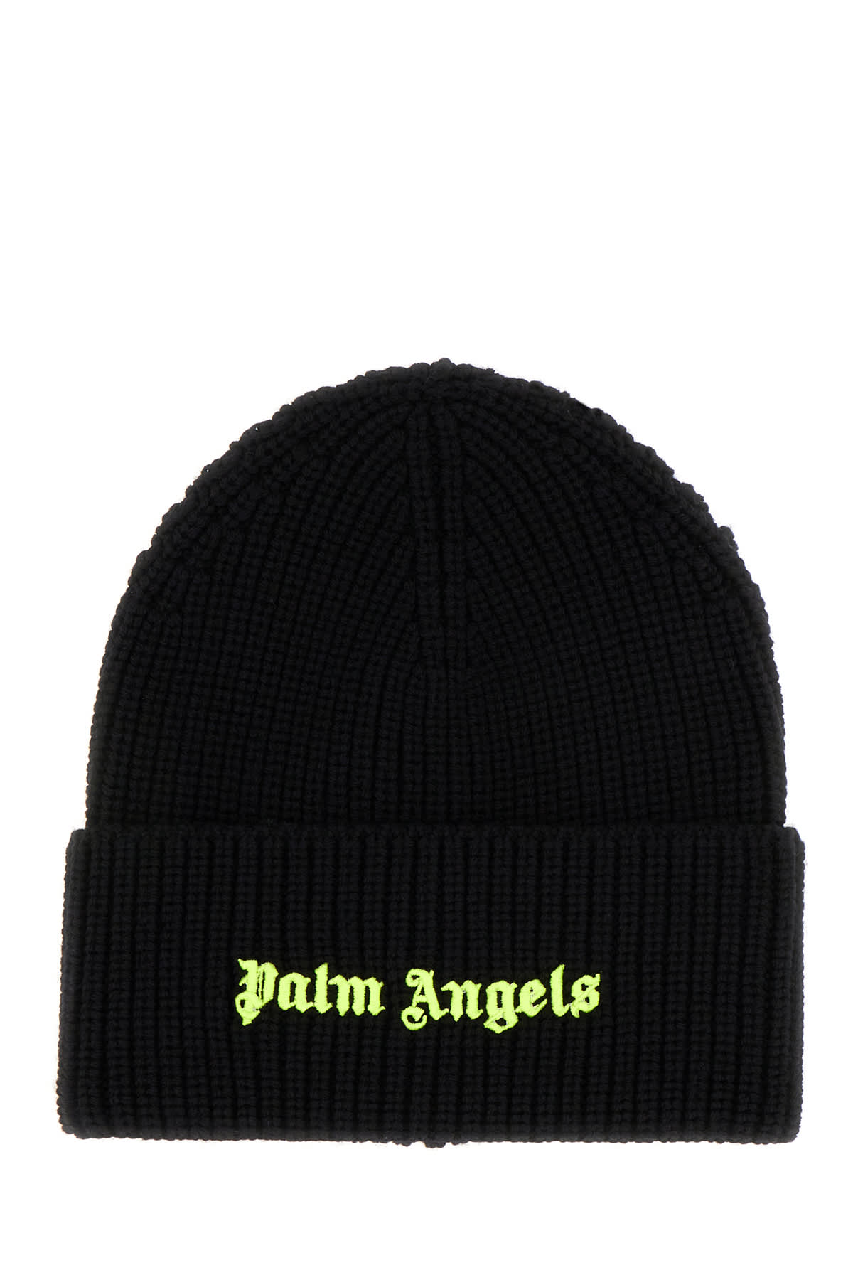 Palm Angels Black Wool Beanie Hat In Black Yellow