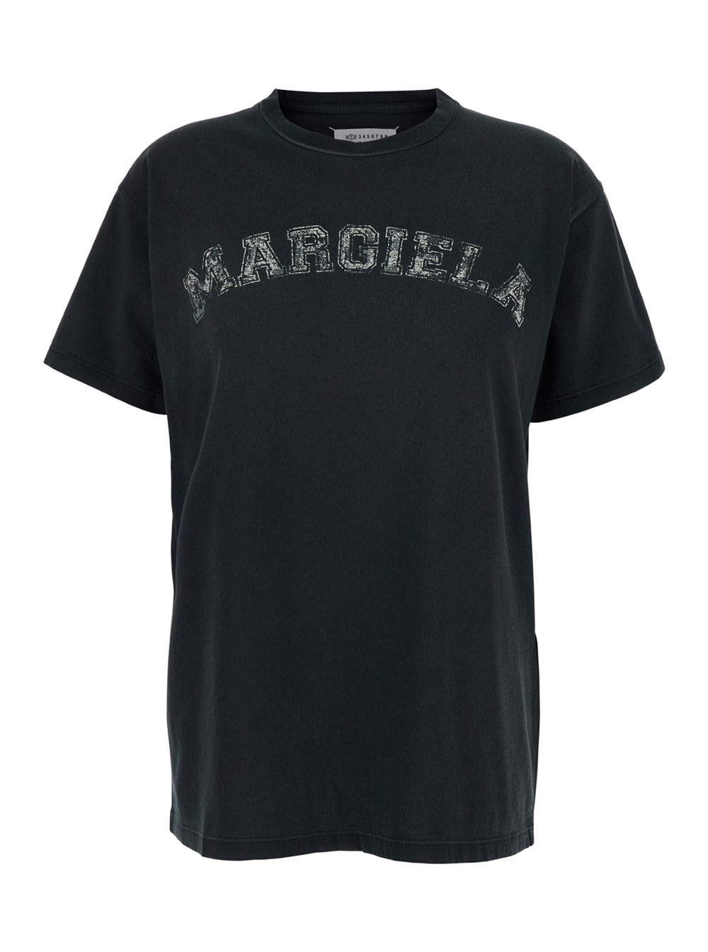 Shop Maison Margiela Black Crewneck T-shirt With Logo Lettering Print In Cotton Woman