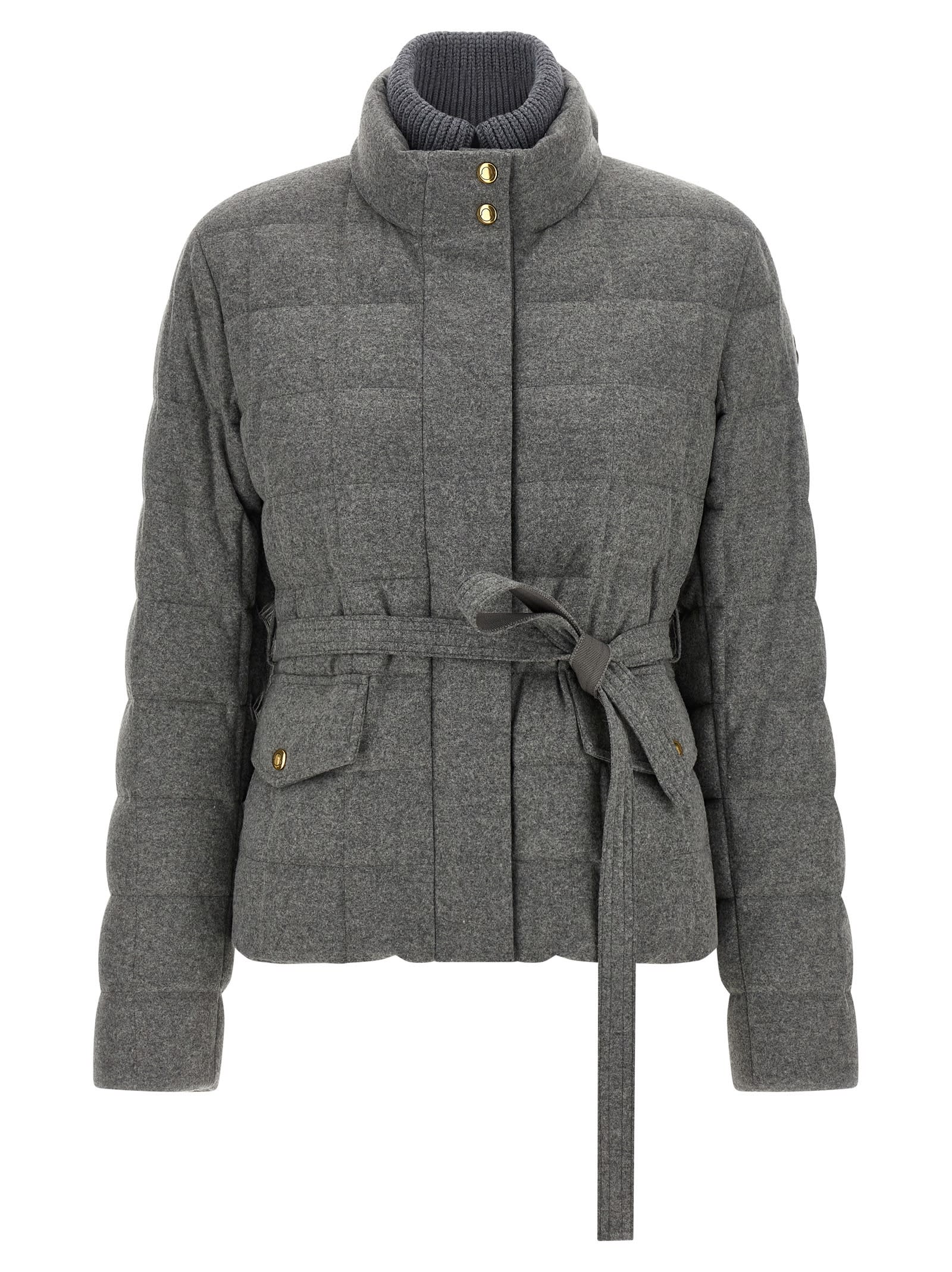 Moncler Women Bussettes Wool Blend Belted Short Down Jacket Grey In Gray
