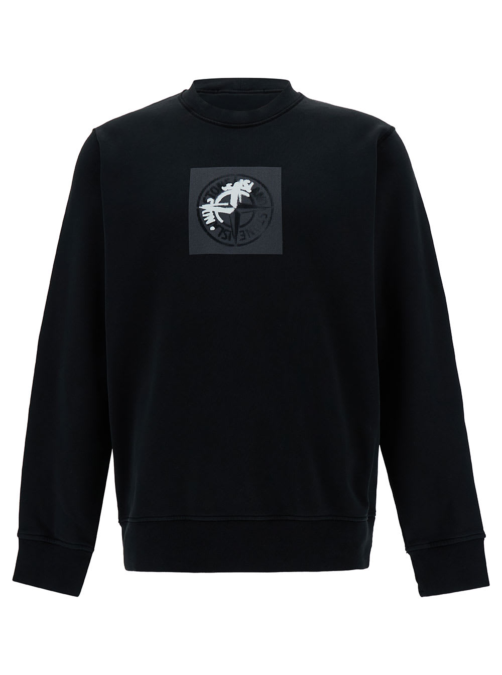 Stone Island Black Crewneck Sweatshirt With Logo Print In Cotton Man