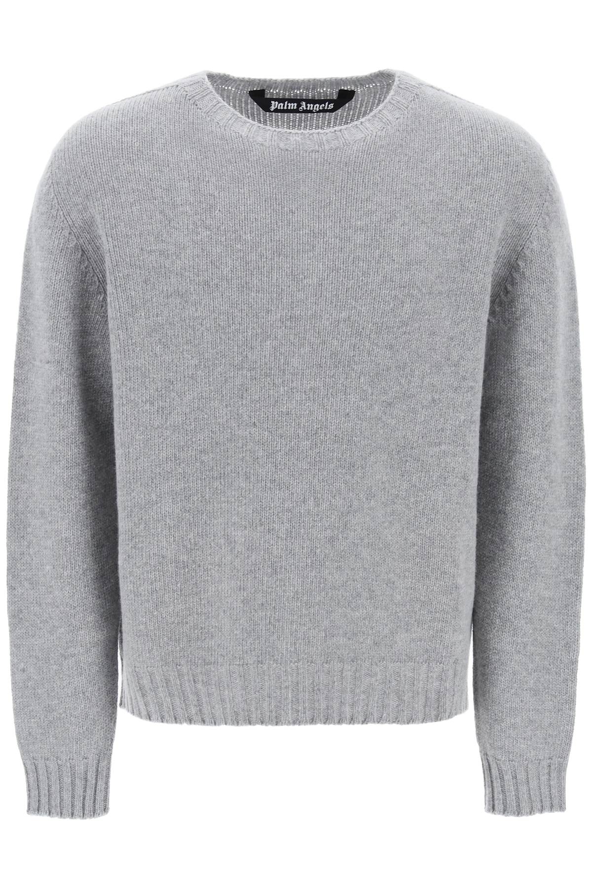 Shop Palm Angels Wool Sweater With Logo Intarsia In Melange Grey White (grey)