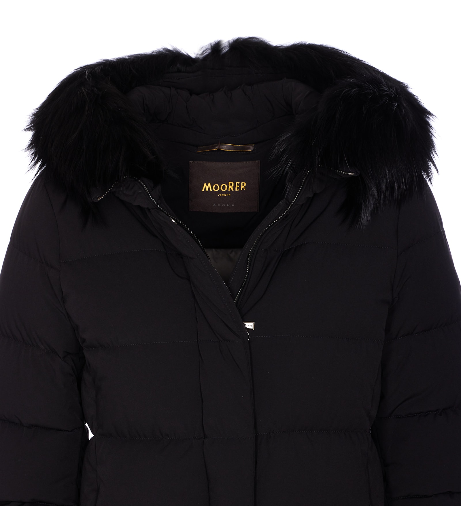 Moorer Hooded Jacket With Fur Trim And Quilted Pattern In Black