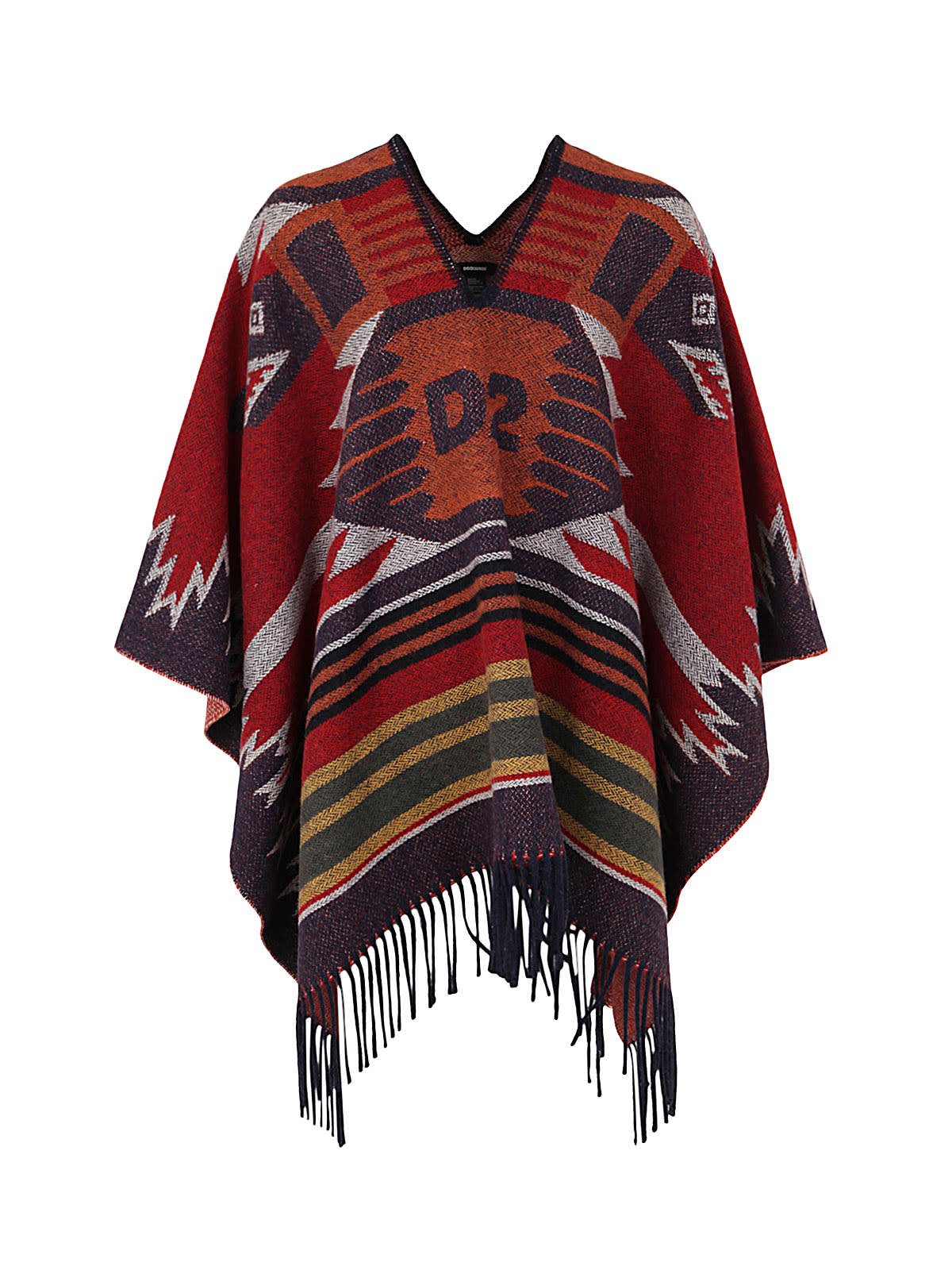 Dsquared2 Fringed Hem V-neck Oversized Cape In Multicolor