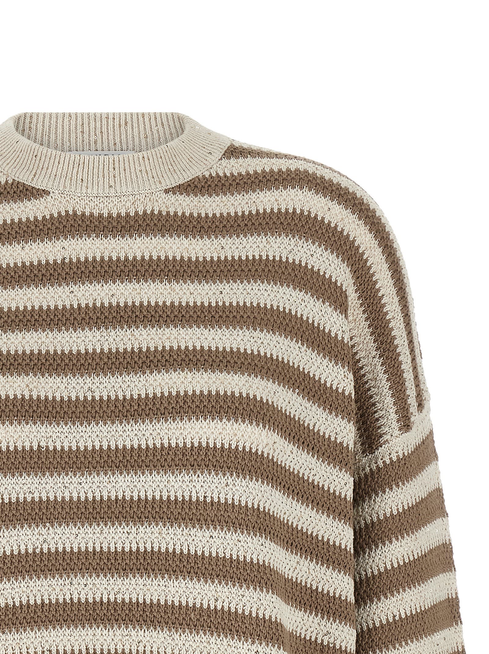 Brunello Cucinelli Sequin-embellished Striped Cotton-blend Sweater In Nude