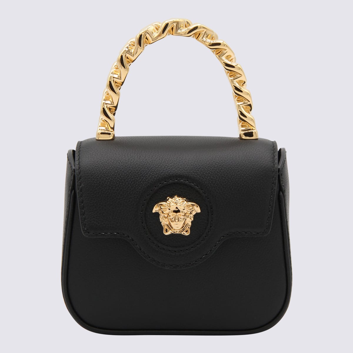 Shop Versace Black Leather La Medusa Mini Top Handle Bag