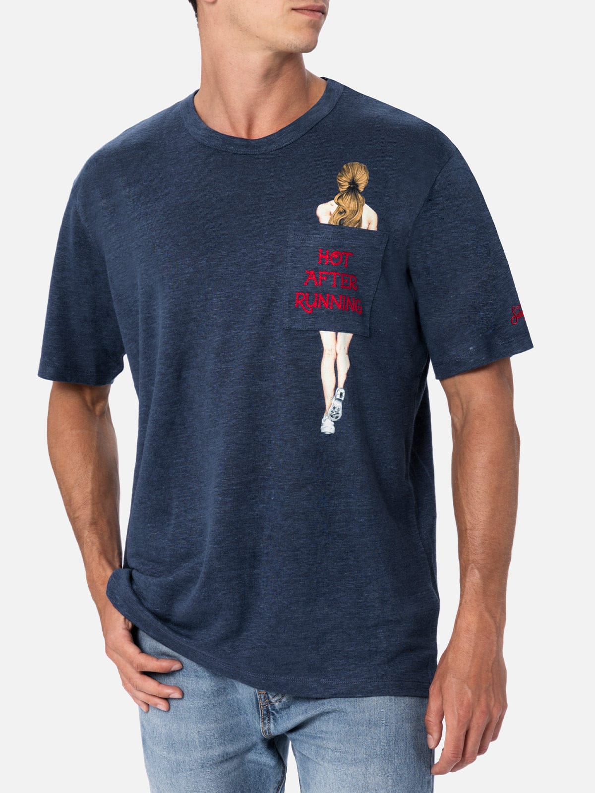 Mc2 Saint Barth Man Linen Jersey T-shirt Ecstasea With Printed And Embroidered Pocket In Blue
