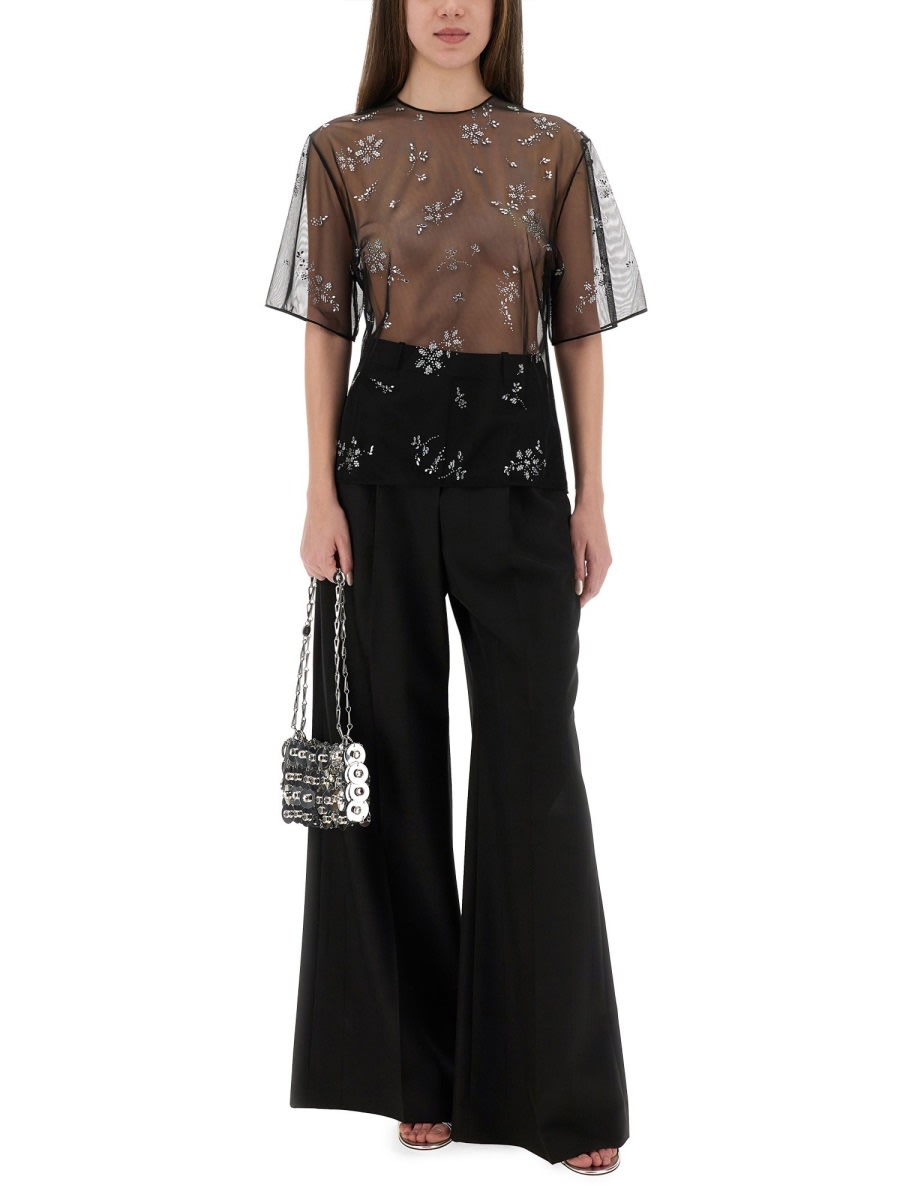 Rabanne Sheer Floral Embellished Short Sleeve Top In Black