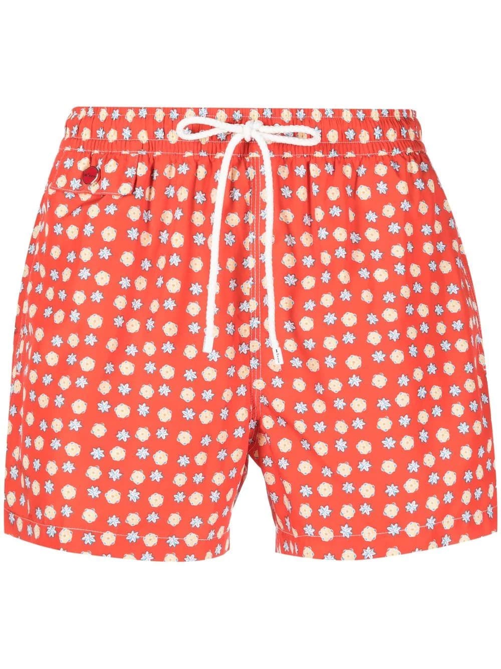 KITON ORANGE SWIM SHORTS WITH CONTRASTING FLORAL PATTERN