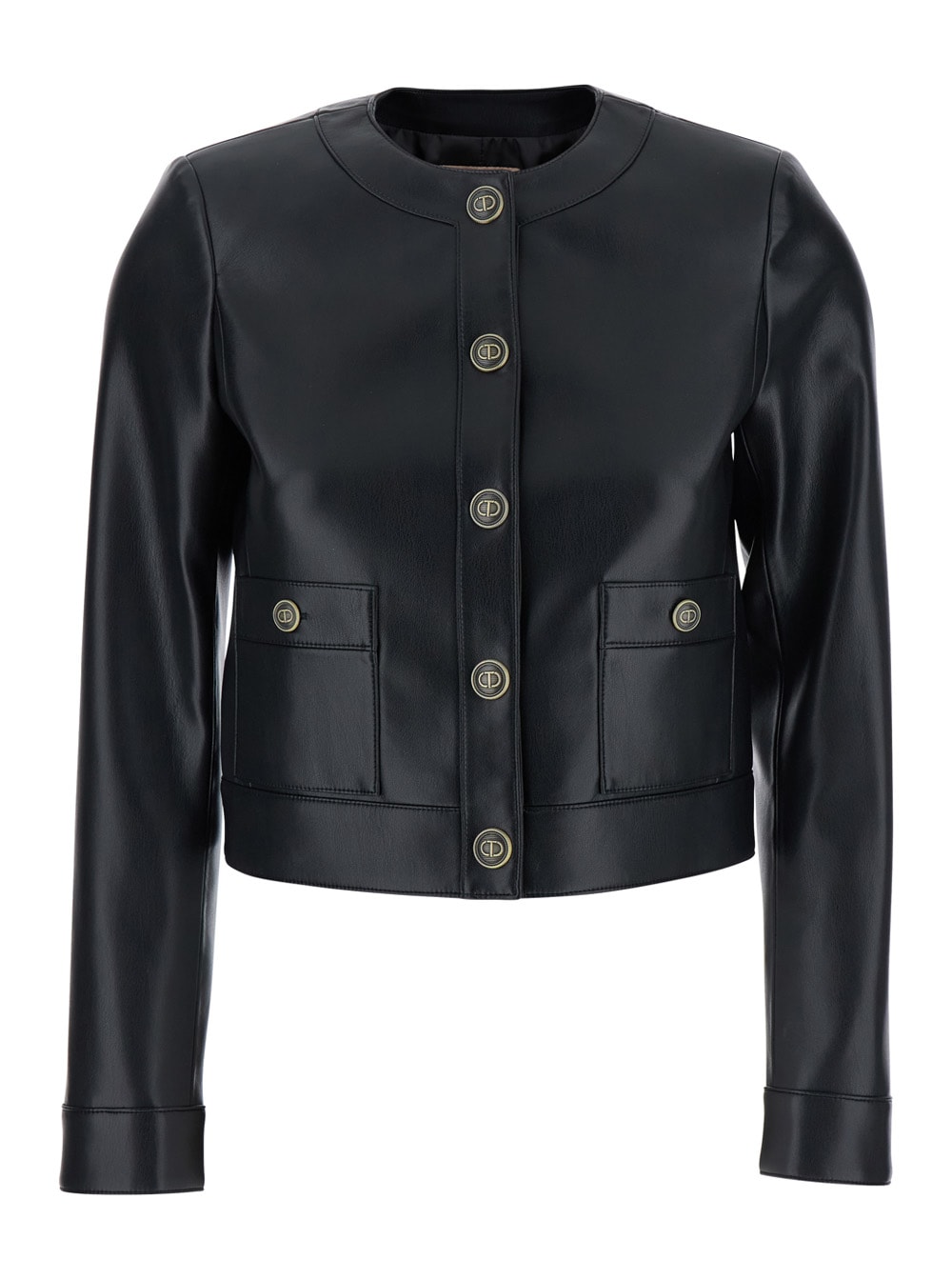 TwinSet Black Crewneck Jacket With Logo Buttons In Leather Woman