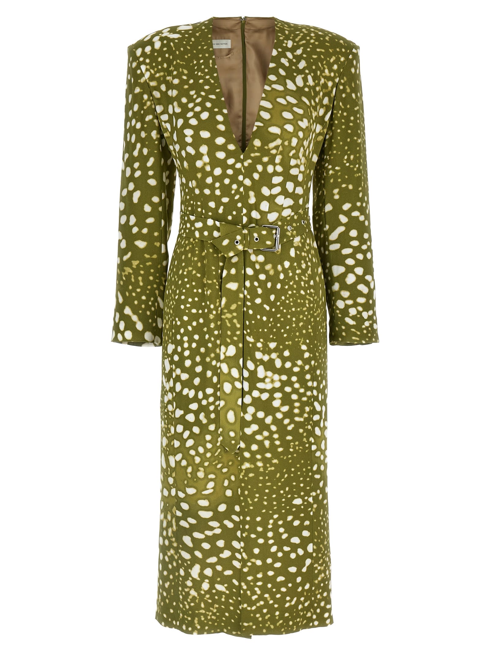 Dries Van Noten V-neck Belted Midi Dress In Green