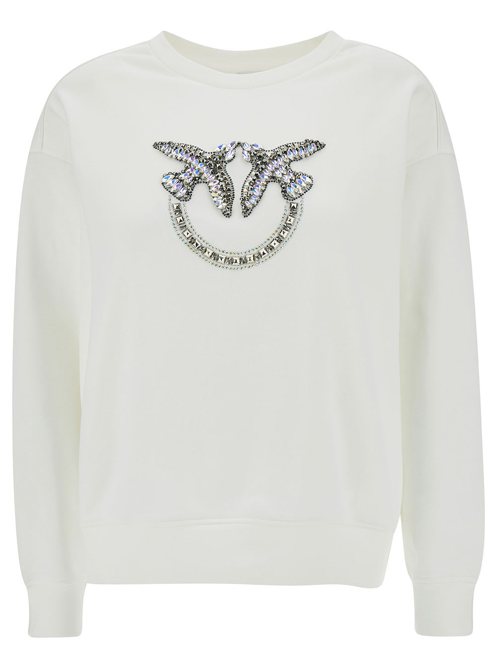 Shop Pinko White Crewneck Sweatshirt With Rhinestone Love Birds Detail In Cotton Woman
