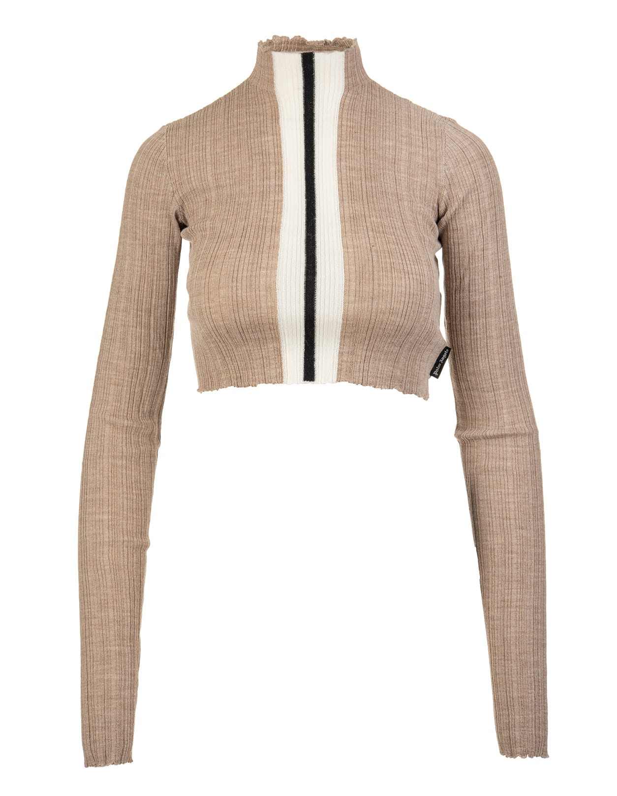 Palm Angels Woman Beige Crop Sweater With Contrast Stripe