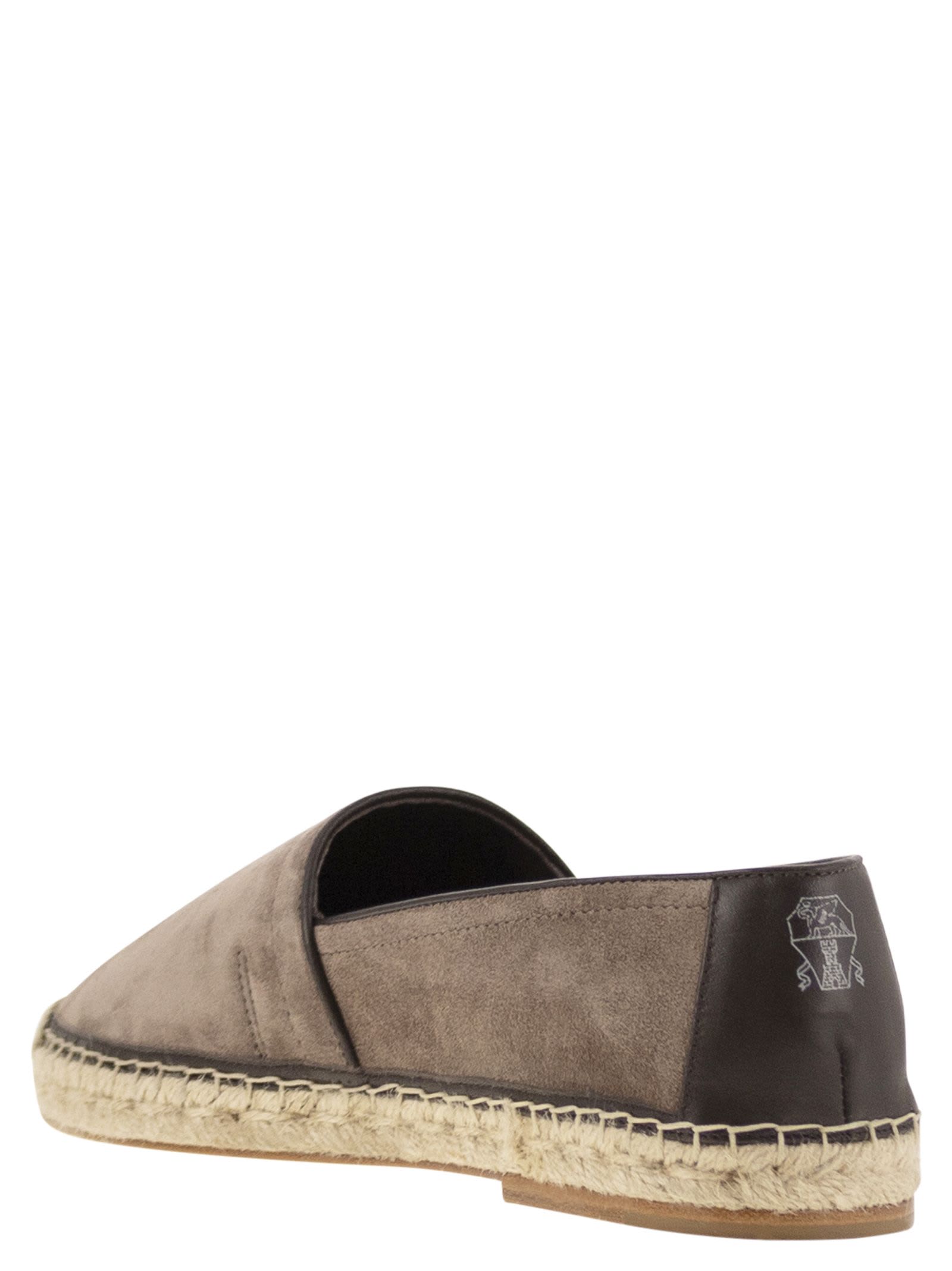 Brunello Cucinelli Round Toe Suede Espadrilles With Jute Sole In Turtledove