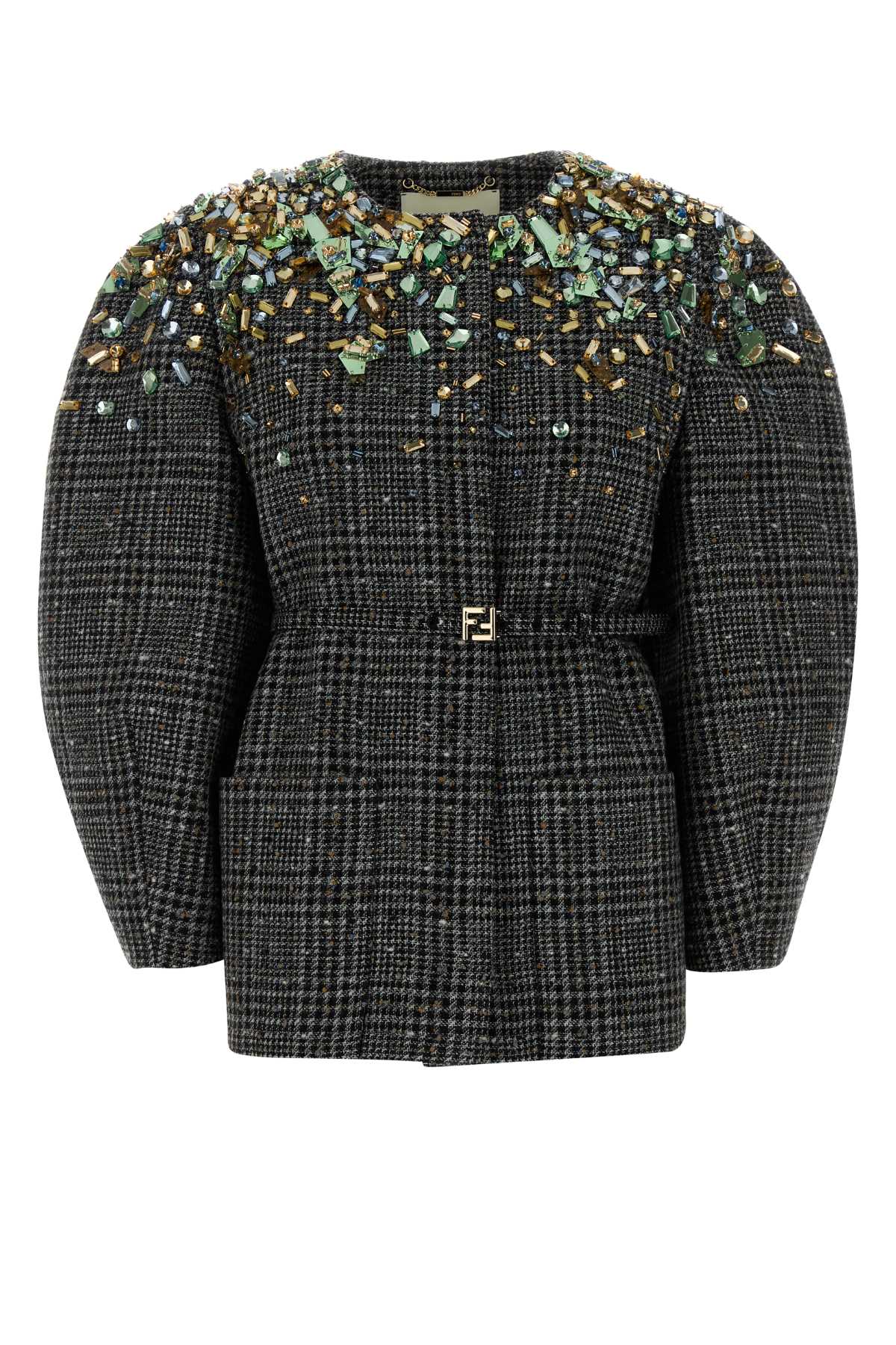Fendi Tweed Blazer Belted Waist Puff Sleeves In Green