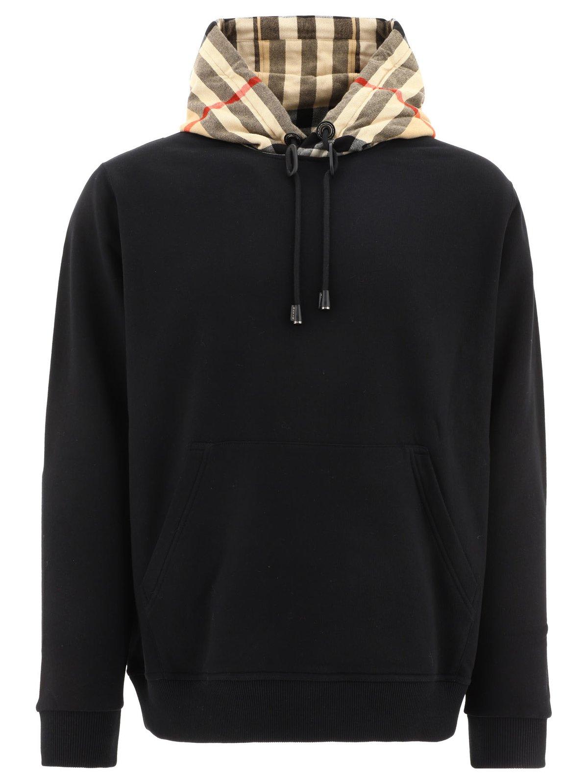 Shop Burberry Check Detailed Drawstring Hoodie In Black