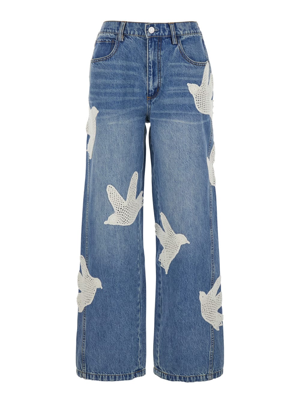 payton Blue Jeans With All-over Crochet Birds In Cotton Blend Woman